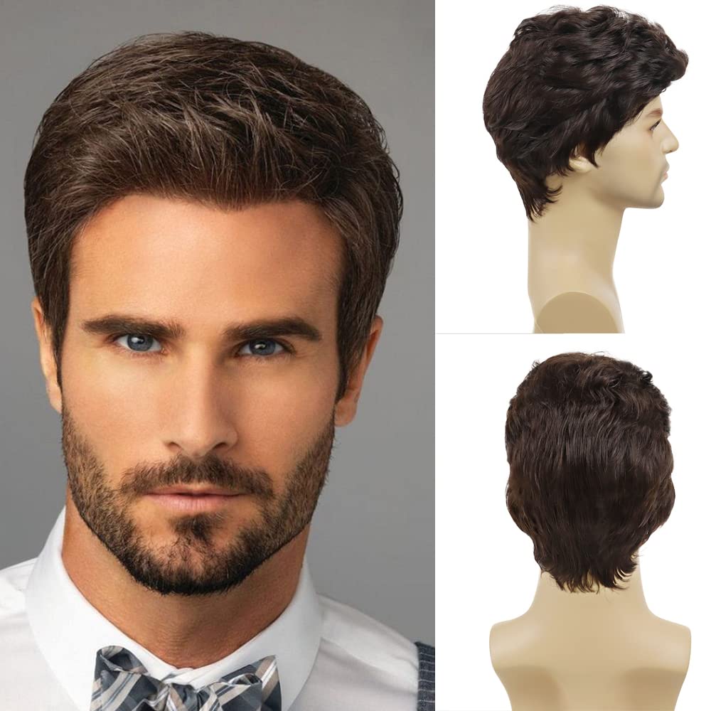 GNIMEGIL Short Brown Synthetic Hair Wig for Men - Natural Looking Toupee for Costume Parties, Cosplay & Daily Wear