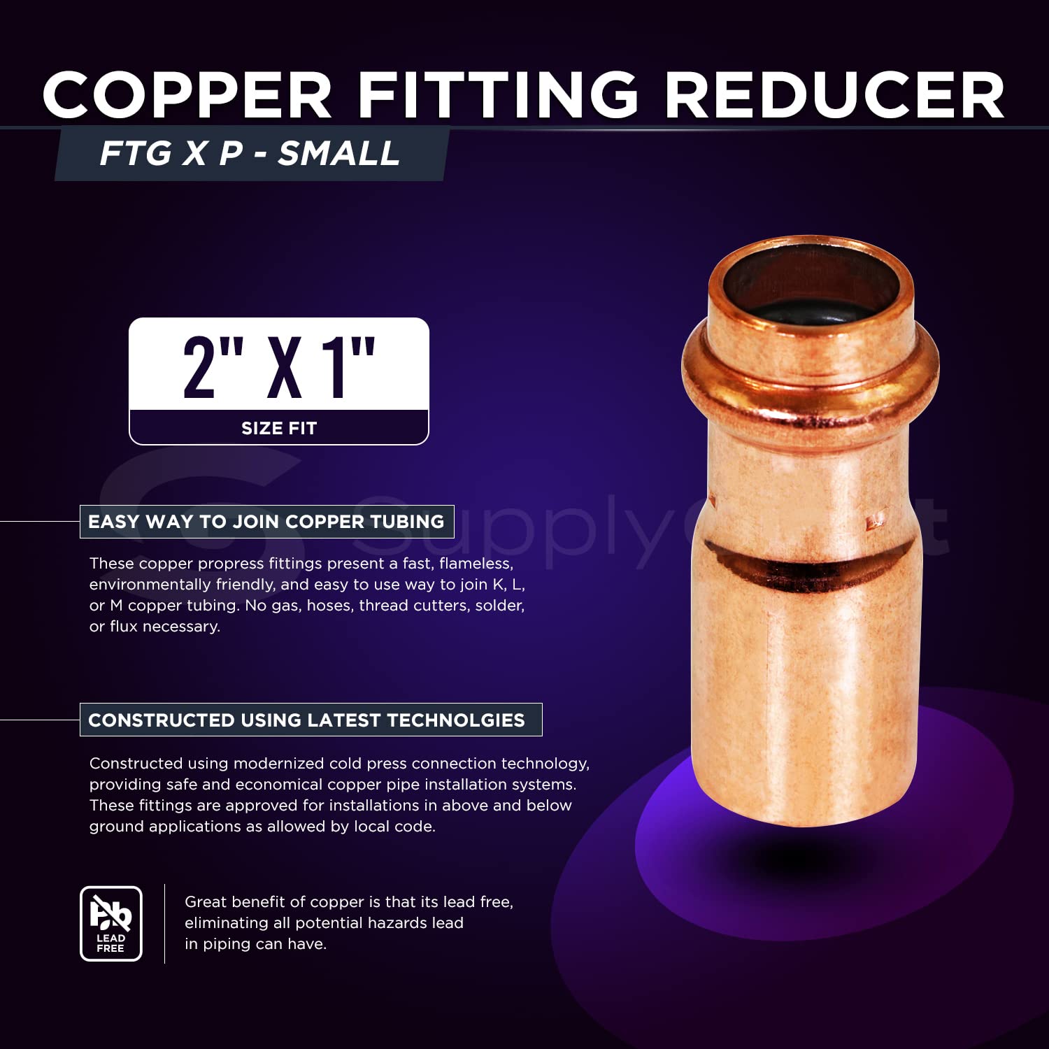 GQSD4232 Copper Fitting Reducer 2 Inch FTG x 1 Inch Press - Small Size for Plumbing & HVAC Systems - Perfect for Water Supply Lines, Pipe Connections & Repair Projects