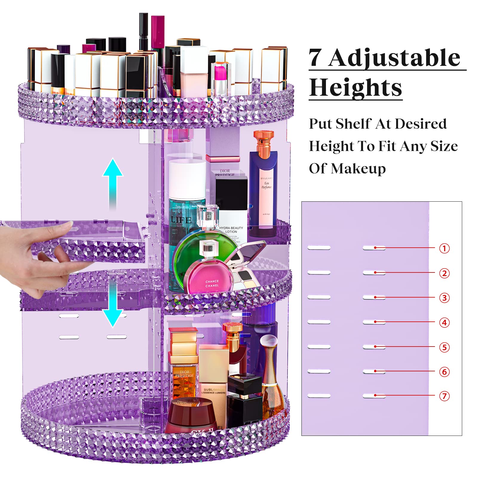 360 Degree Rotating Makeup Organizer - Large 7-Tier Acrylic Cosmetic Storage for Brushes, Lipsticks & Beauty Products | Perfect for Bathroom Vanity, Dressing Table & Travel | X-Large Purple Makeup Case
