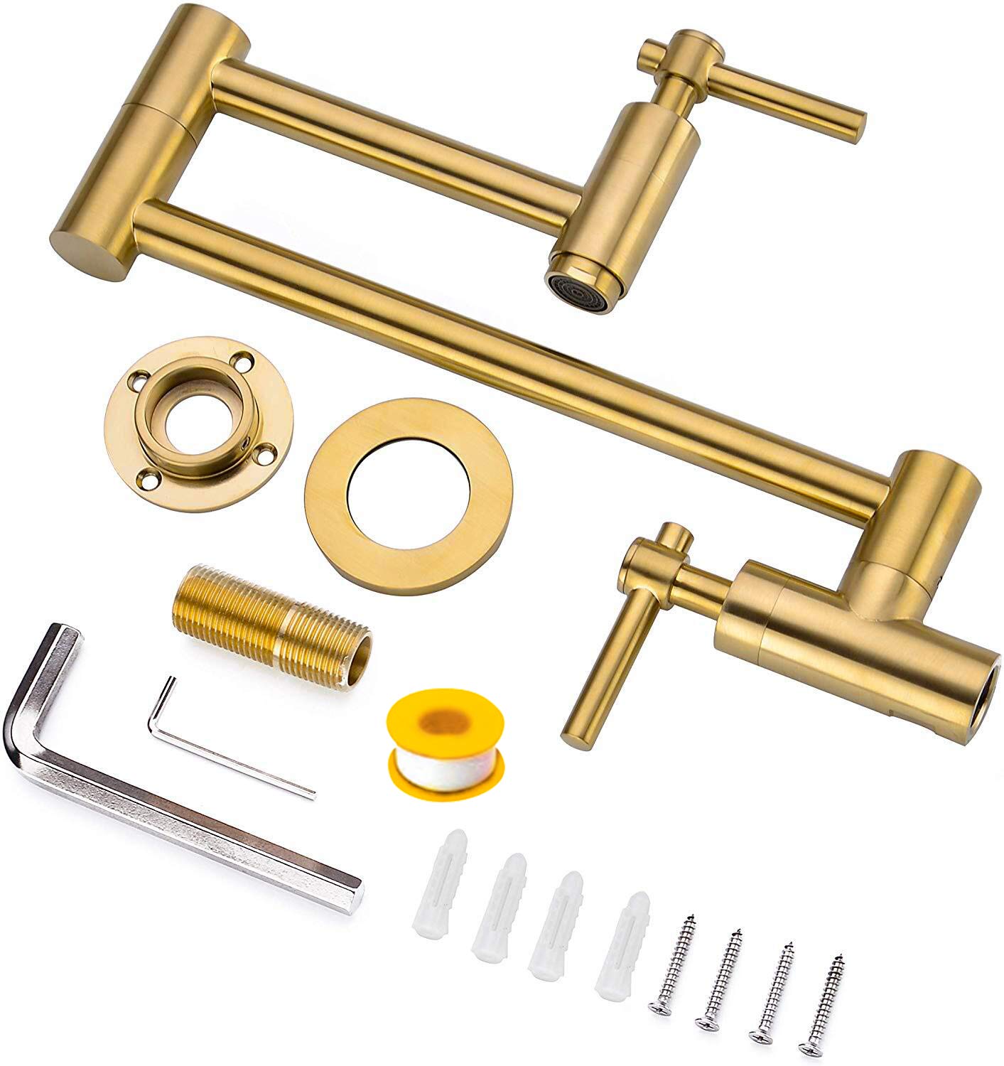 Wall Mount Gold Pot Filler Faucet - Lead-Free Brass, Swing Arm for Kitchen Sink