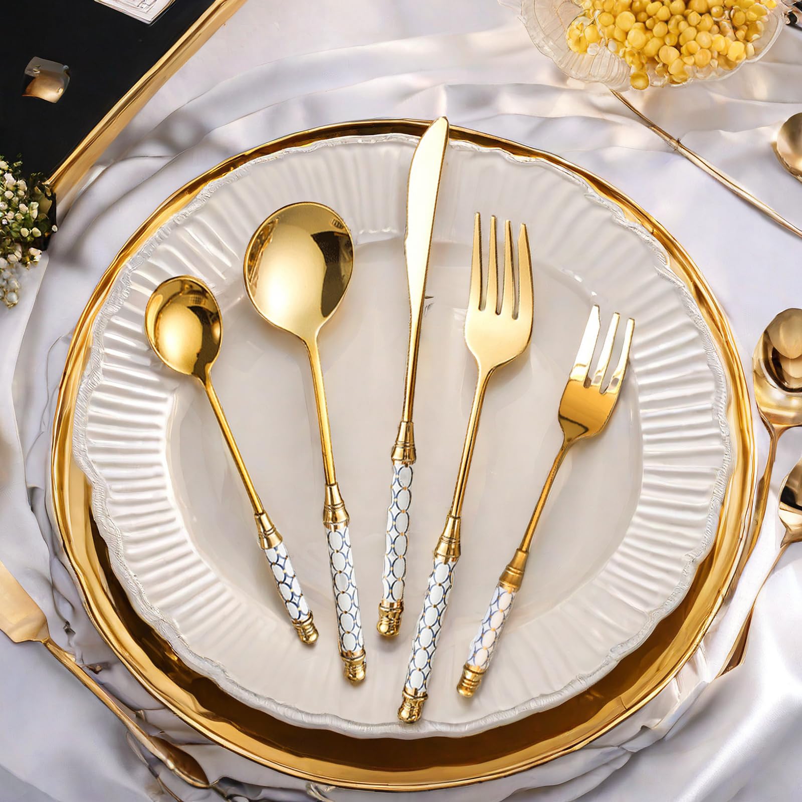 20-Piece Silverware Set with Ceramic Handle - Premium Food Grade Stainless Steel Flatware Sets, Mirror Polished Cutlery Set (Dishwasher Safe) - Perfect for Dinner Parties, Restaurants, and Everyday Family Dining (4-Person Set)
