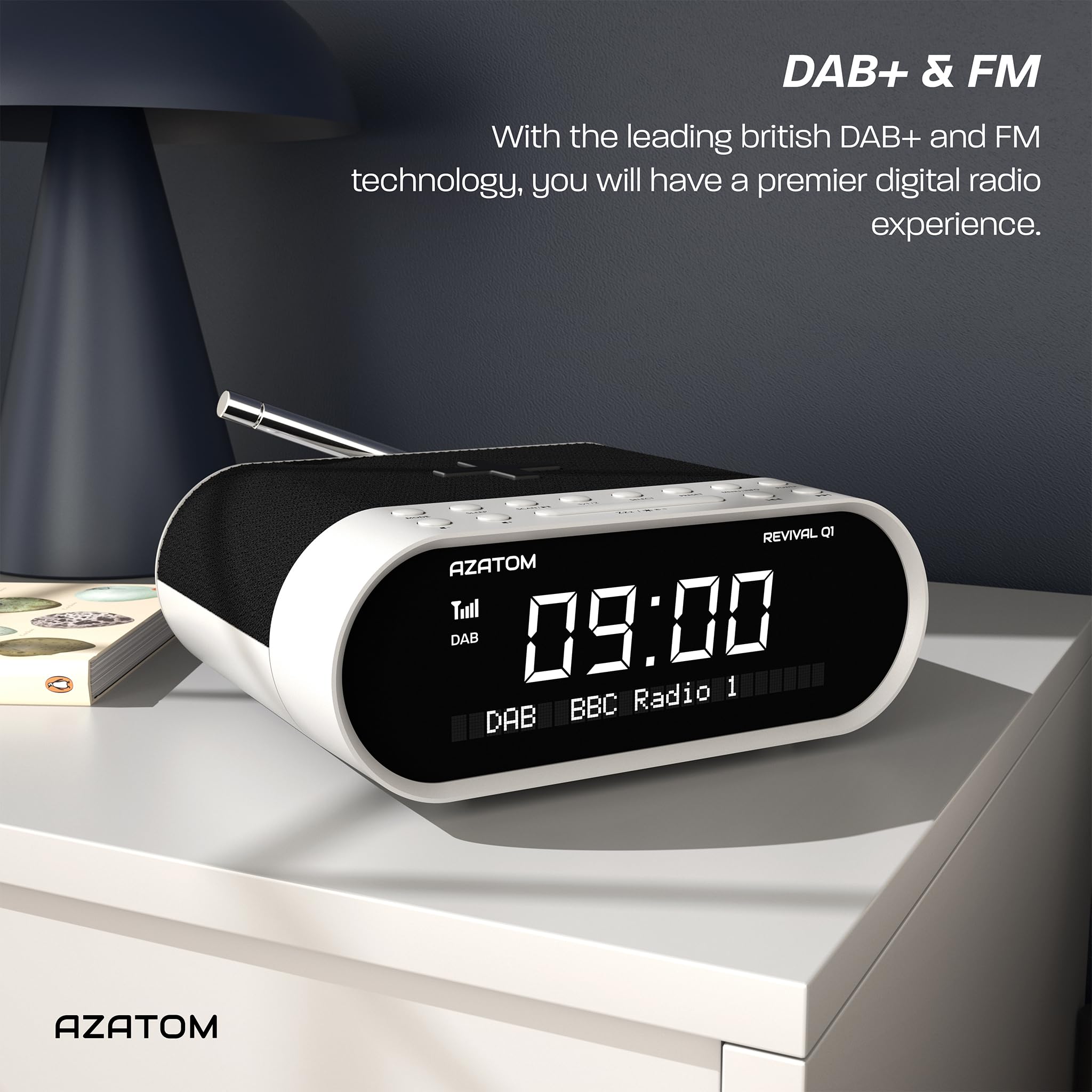 AZATOM Revival Q1 White DAB+ Digital FM Clock Radio with Bluetooth, Dual Alarm, Wireless Charging, Sleep Timer - Bedroom Alarm Clock with USB/AUX Ports for Phones & Headphones | Perfect for Home, Office, Nightstand Use