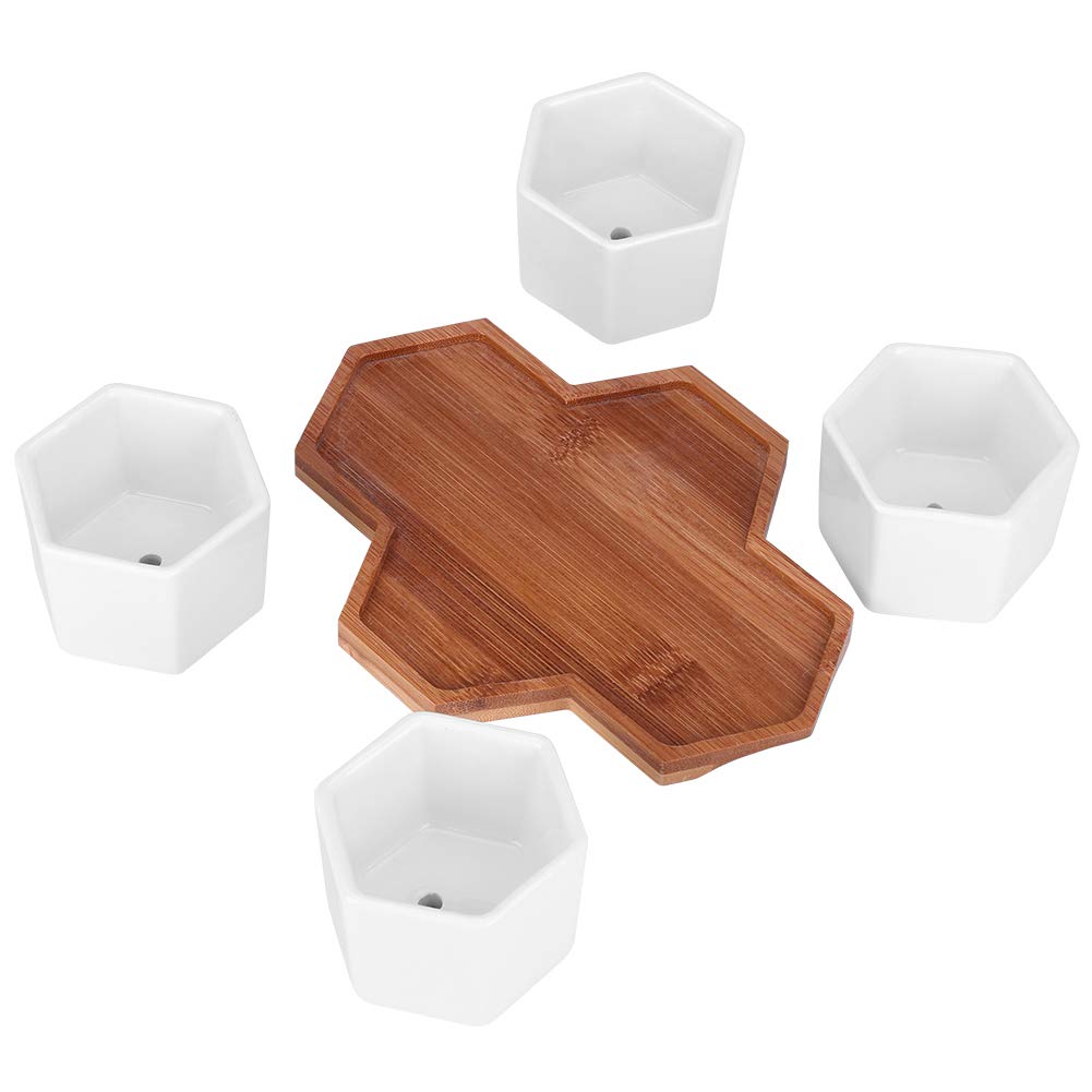 4Pcs Ceramic Plant Pots with Bamboo Trays - Indoor Flower Pots for Succulents, Herbs & Small Plants - Perfect for Tables, Living Room, Office & Home Decor