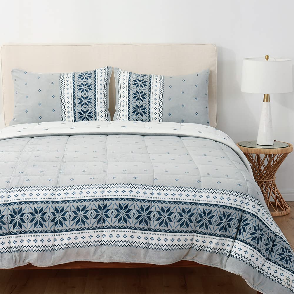 Berkshire Blanket x Life is Good Fair Isle Comforter Set - Cozy All-Season Primalite Bedding in Grey | Full/Queen Size (90