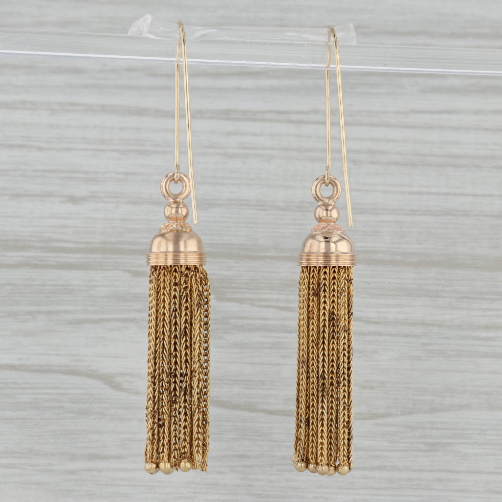 Antique 14K Yellow Gold Fringe Tassel Dangle Earrings with New Hook Posts - Elegant Vintage Jewelry for Parties, Weddings & Special Occasions