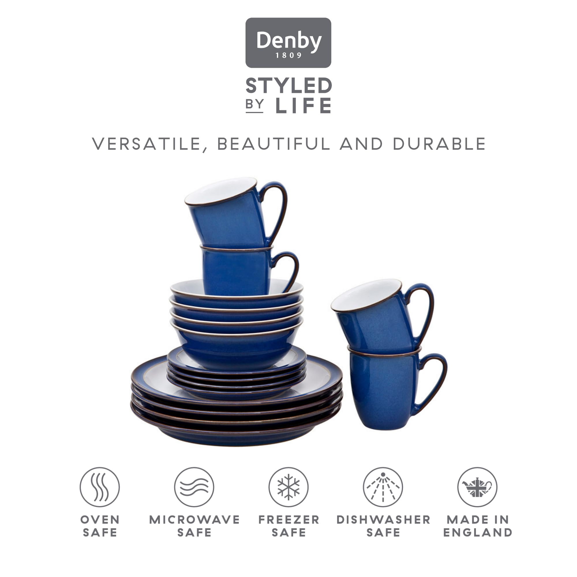 Denby Imperial Blue 16-Piece Ceramic Dinner Set - 4 Dinner Plates, 4 Side Plates, 4 Cereal Bowls & 4 Coffee Mugs - Dishwasher & Microwave Safe Tableware - Elegant Blue & White Crockery for Family Dining & Entertaining