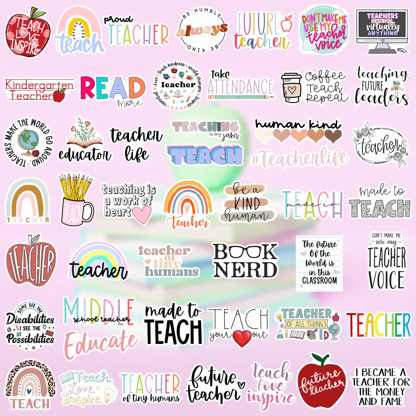 100PCS Teacher Stickers Set - Cute Aesthetic Vinyl Waterproof Decals for Water Bottles, Laptops, Luggage, Skateboards | Perfect Teachers Day Gift Card for Women, Teens, Kids & Adults | Great for Classroom, School Supplies, DIY Crafts & Scrapbooking