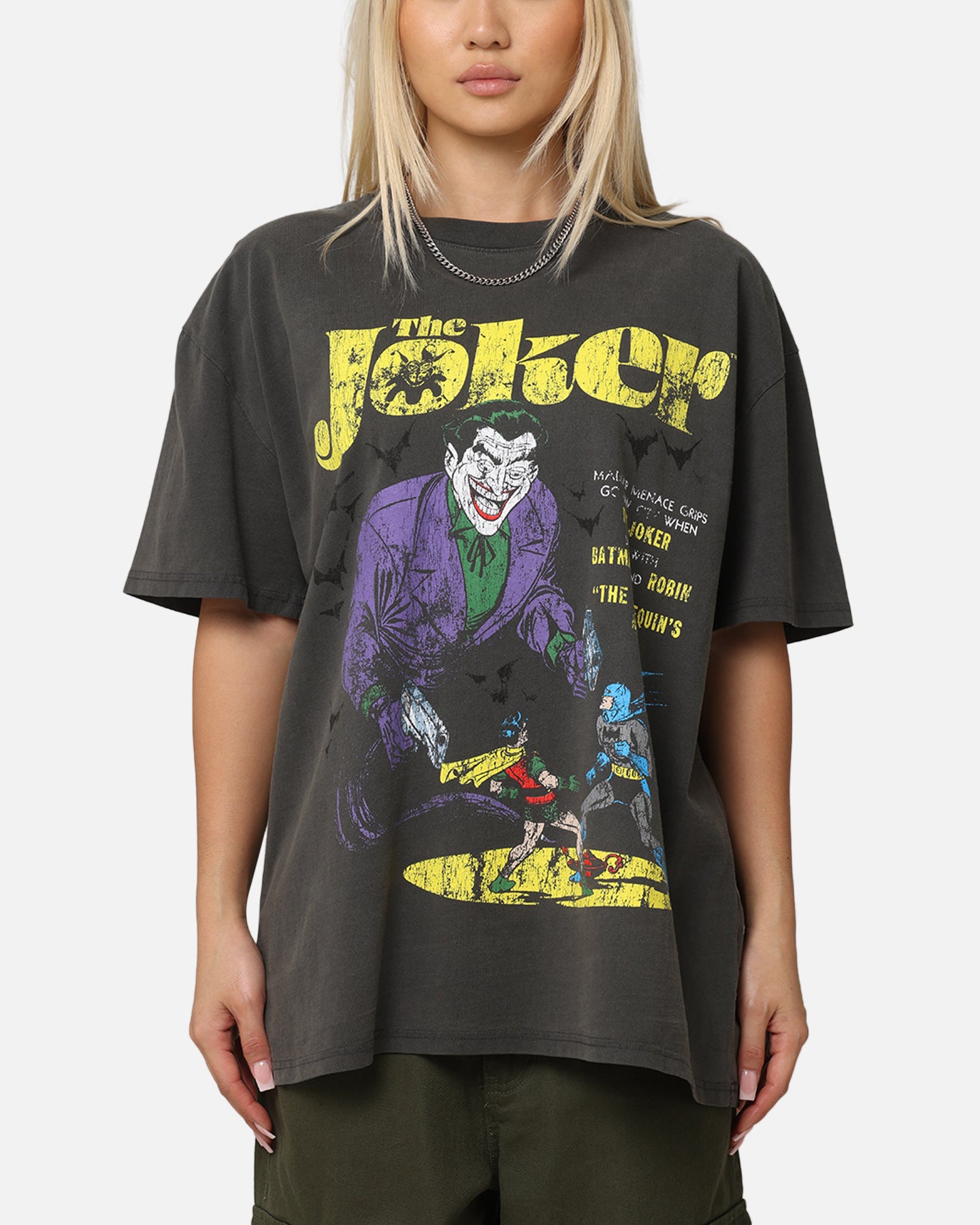 DC Batman The Joker Harley Quinn Vintage Graphic T-Shirt - Black Washed Cotton Tee for Cosplay, Comic Con & Casual Wear