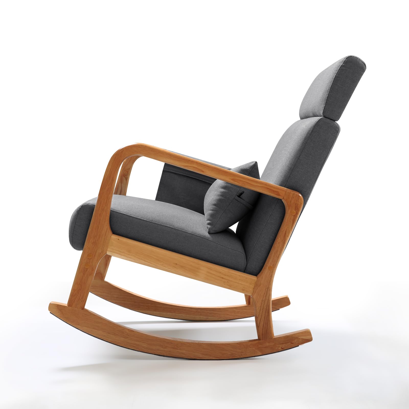 Comfortable Nursery Glider Rocking Chair with Pillow & Side Pocket - High Back Nursing Chair, Solid Wood Rocker Armchair for Bedroom & Living Room (Grey) - Perfect for Breastfeeding, Reading & Relaxing