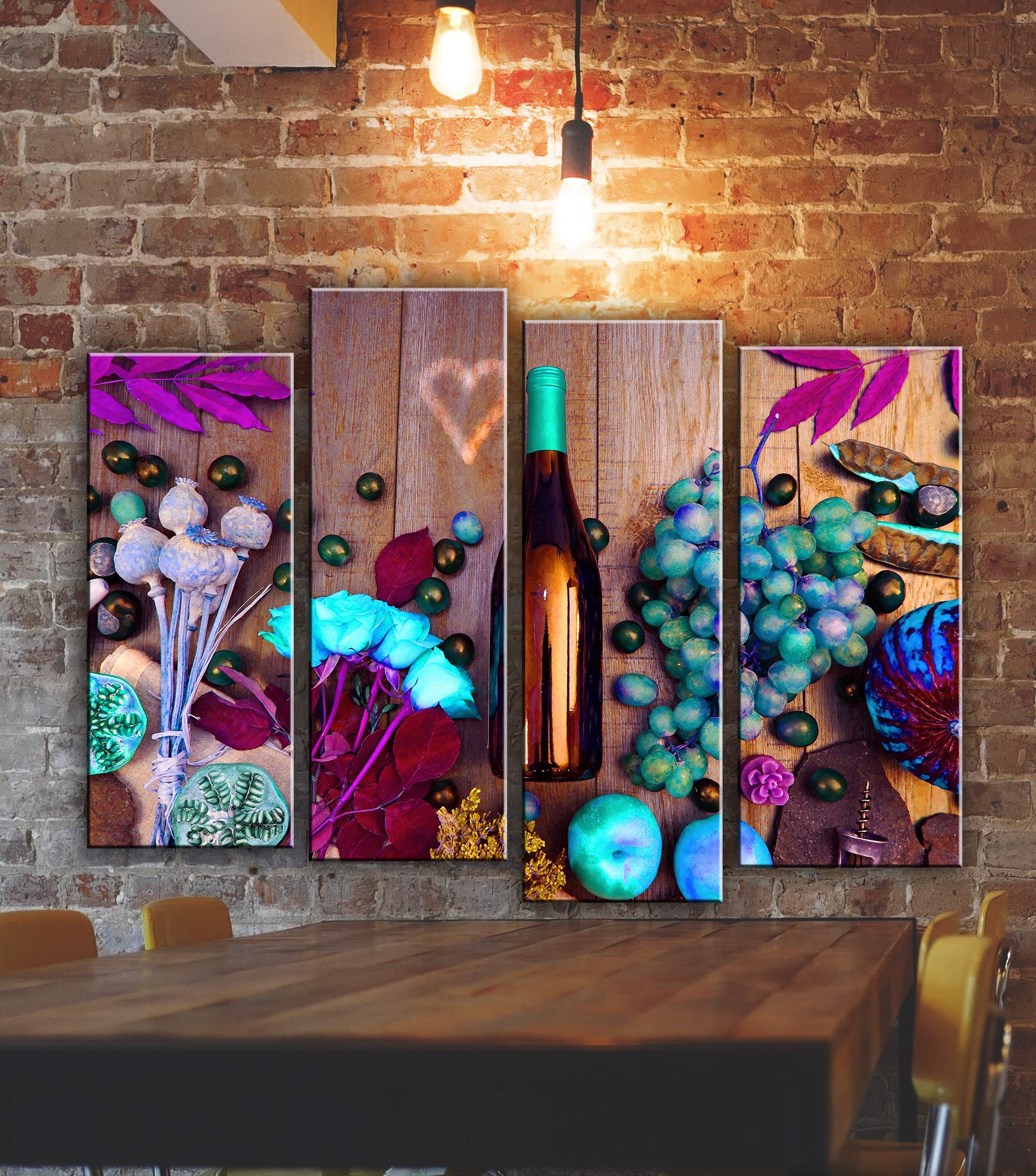 4-Piece Wine Bottle Wall Art Canvas Print Set - Kitchen & Dining Room Decor - Still Life Flower Painting Poster (32x44 Inches) for Home, Bar, Restaurant & Office Wall Decoration
