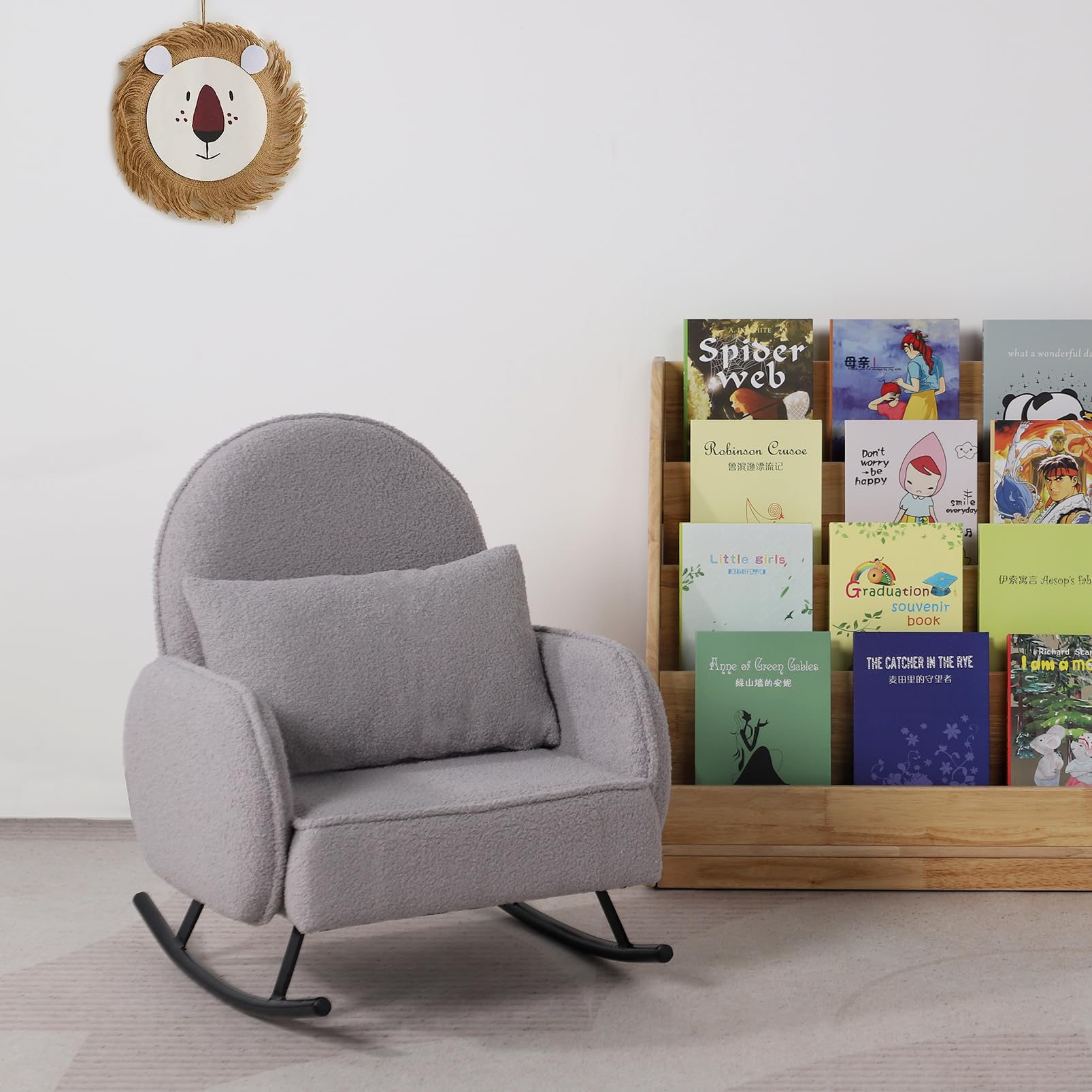 **Baby Rocking Chair with Sherpa Fabric & Metal Base - Toddler Armchair for Boys & Girls - Kids Sofa & Rocking Chair for Nursery, Playroom & Relaxation (Grey)**