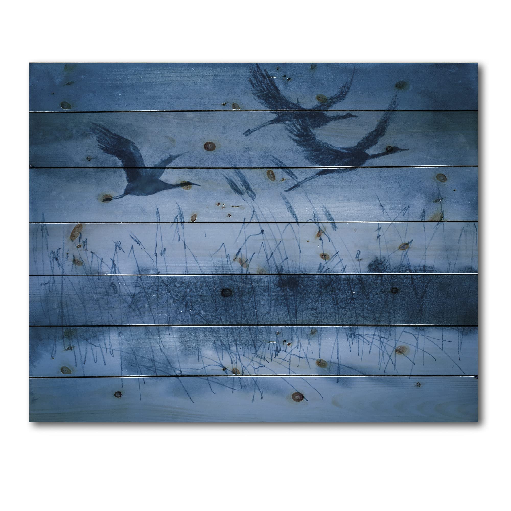DesignQ Blue Wood Wall Art - Flying Cranes on Pine Wood for Home Decor