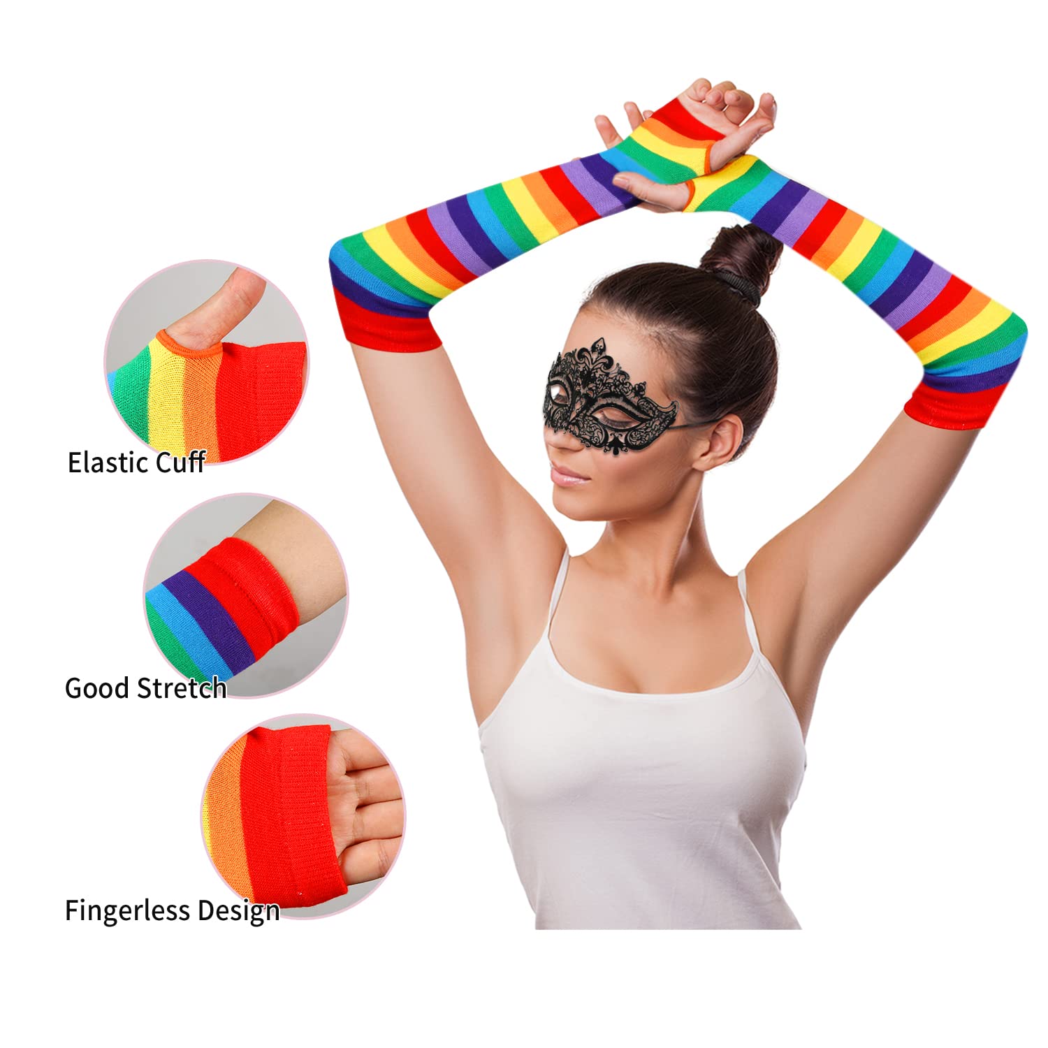 Benefeet Women's Striped Thigh High Socks & Arm Warmers Set - Knee High Stockings with Fingerless Gloves for Halloween Costumes, Cosplay, Winter Fashion and Dance Performances