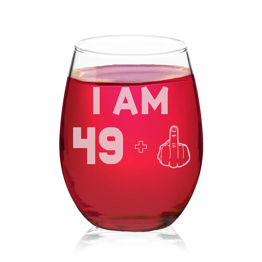 Veracco I am 49+1 Middle Finger Stemless Wine Glass - Funny 50th Birthday Gift for Men & Women - Fifty and Fabulous Novelty Glassware - Perfect for Birthday Parties, Gag Gifts & Wine Lovers (Clear Glass)