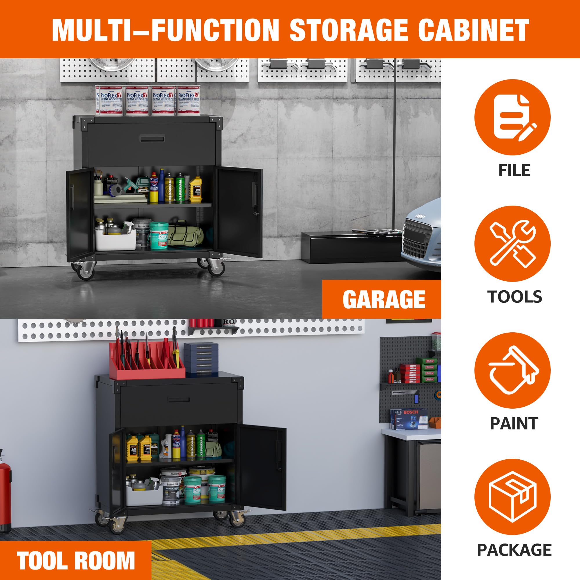 Heavy-Duty Metal Garage Storage Cabinet with Wheels - 2 Doors & 1 Drawer Mobile Steel Utility Cabinet for Garage, Workshop, Home & Office Organization - Easy Assembly (Black) | Perfect for Tools, Cleaning Supplies & Home Storage Solutions