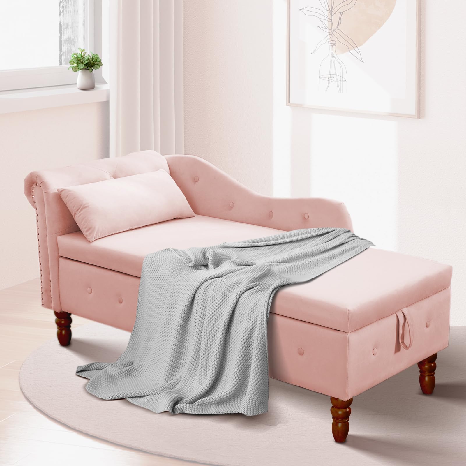 Velvet Chaise Lounge with Storage - Pink Sleeper Chair for Bedroom & Living Room
