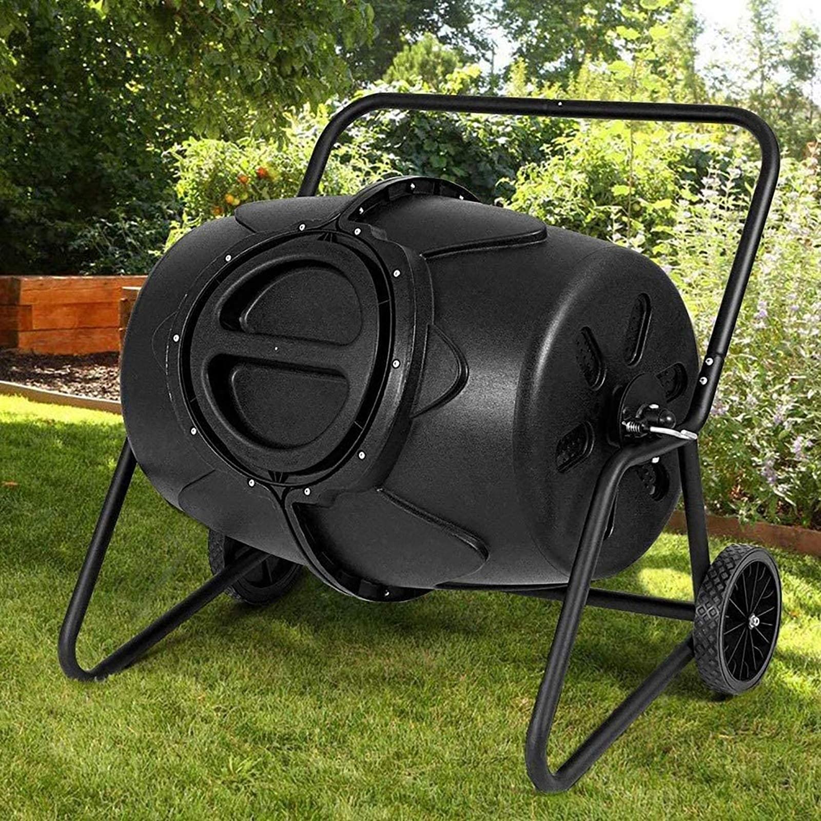 45 Gallon Outdoor Garden Compost Tumbler with Wheels - 360° Rotating Compost Bin for All Season Gardening - Black | Perfect for Organic Waste Recycling & Backyard Composting