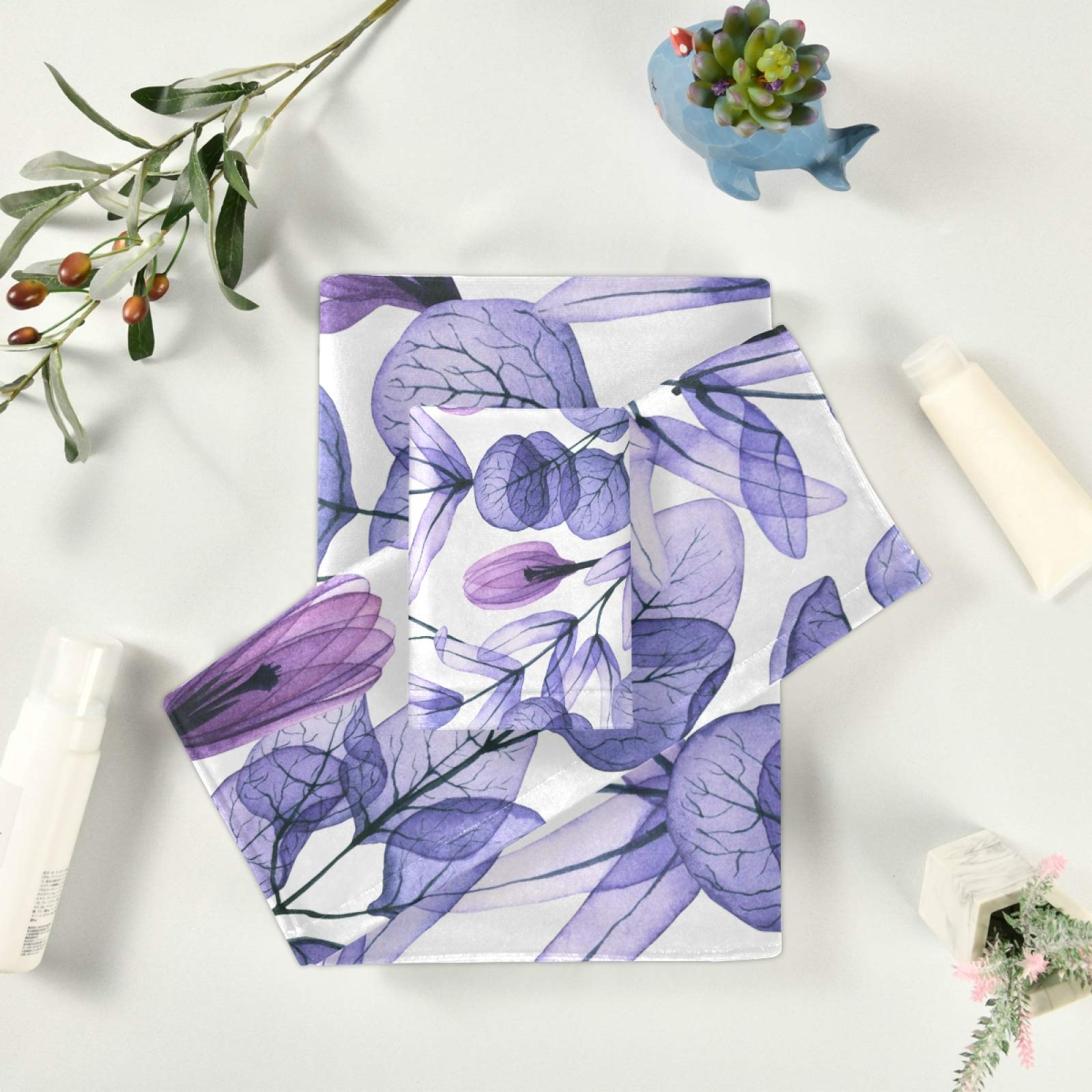 ALAZA 3-Piece Bath Towel Set - Soft, Highly Absorbent Purple Floral Design (1 Bath Towel, 1 Hand Towel, 1 Washcloth) for Bathroom, Spa, Gym & Beach - Luxury Home Decor & Practical Use