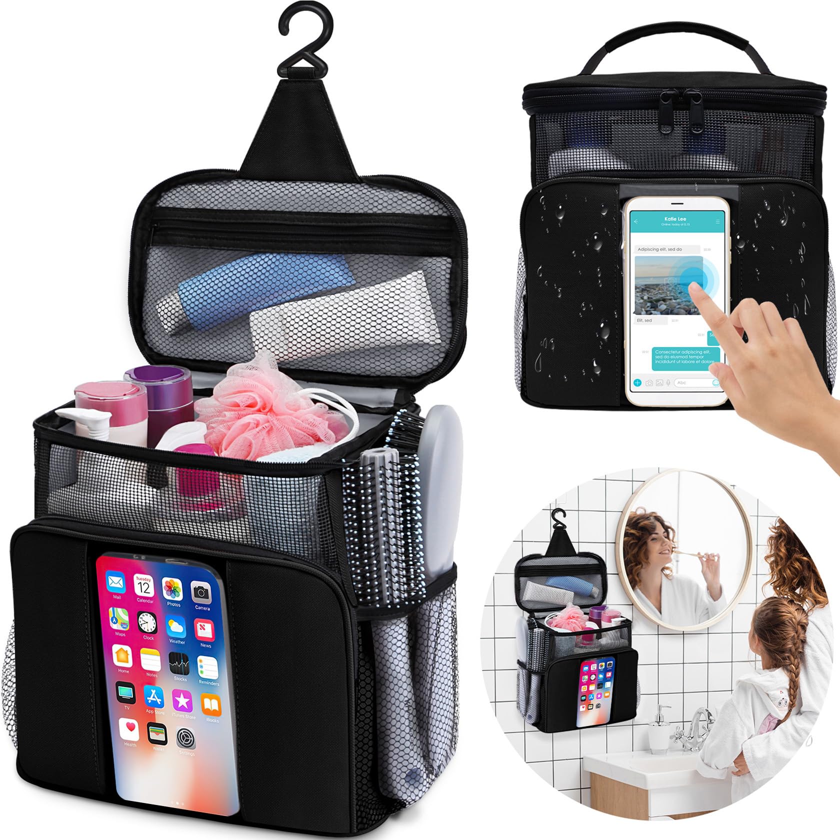 **Mesh Shower Caddy - Large Portable Hanging Travel Toiletry Bag for Women & College Students | Dorm Room Essentials, Makeup Organizer for Full-Sized Toiletries | Perfect for Camping, Beach & Travel**