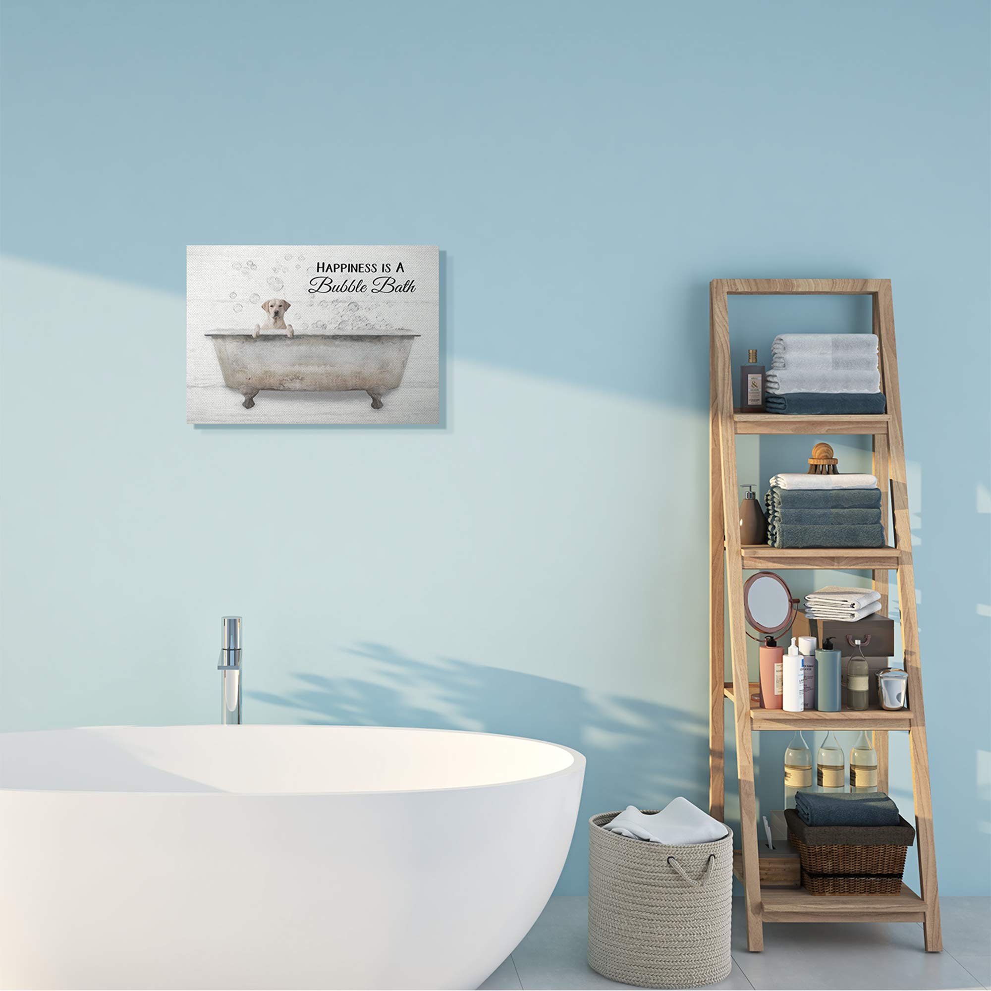 Stupell Industries 'Happiness Is A Bubble Bath' Dog in Tub Wall Art - Funny Bathroom Decor for Dog Lovers, Perfect for Bathroom, Nursery or Pet Room Decor