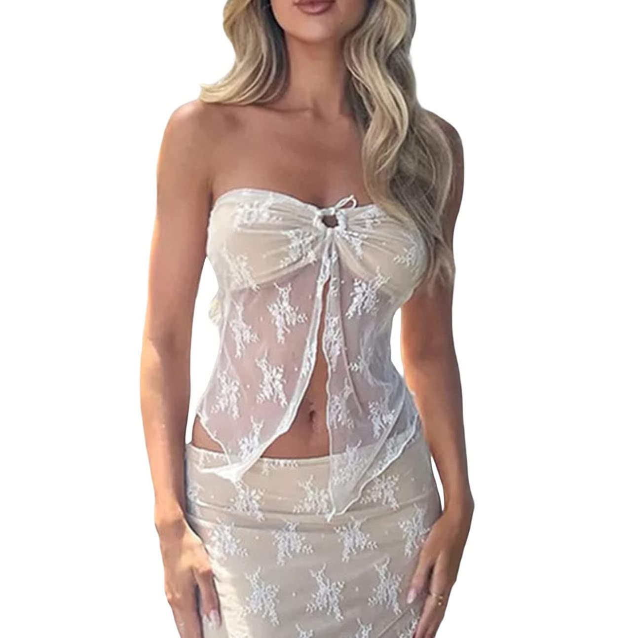 Sexy Lace Crop Top for Women - Y2K Fairy Grunge Vintage Strapless Cami Top with Lacing Detail | Perfect for Summer Outfits, Music Festivals & Night Out