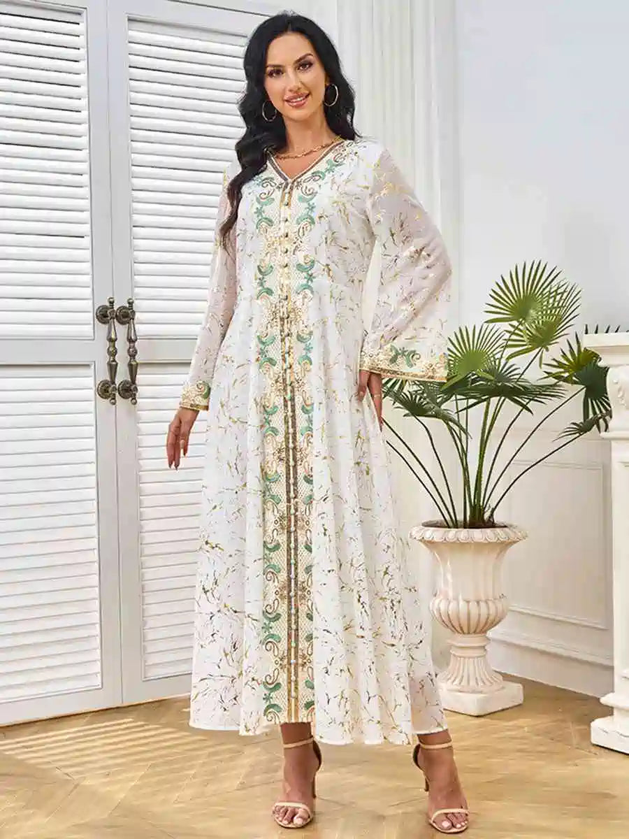 Elegant Eid Bronzing Kaftan Dress for Women - Party & Wedding Guest Outfit - Boho Maxi Dress with Embroidery - Perfect for Special Occasions, Festivals & Celebrations