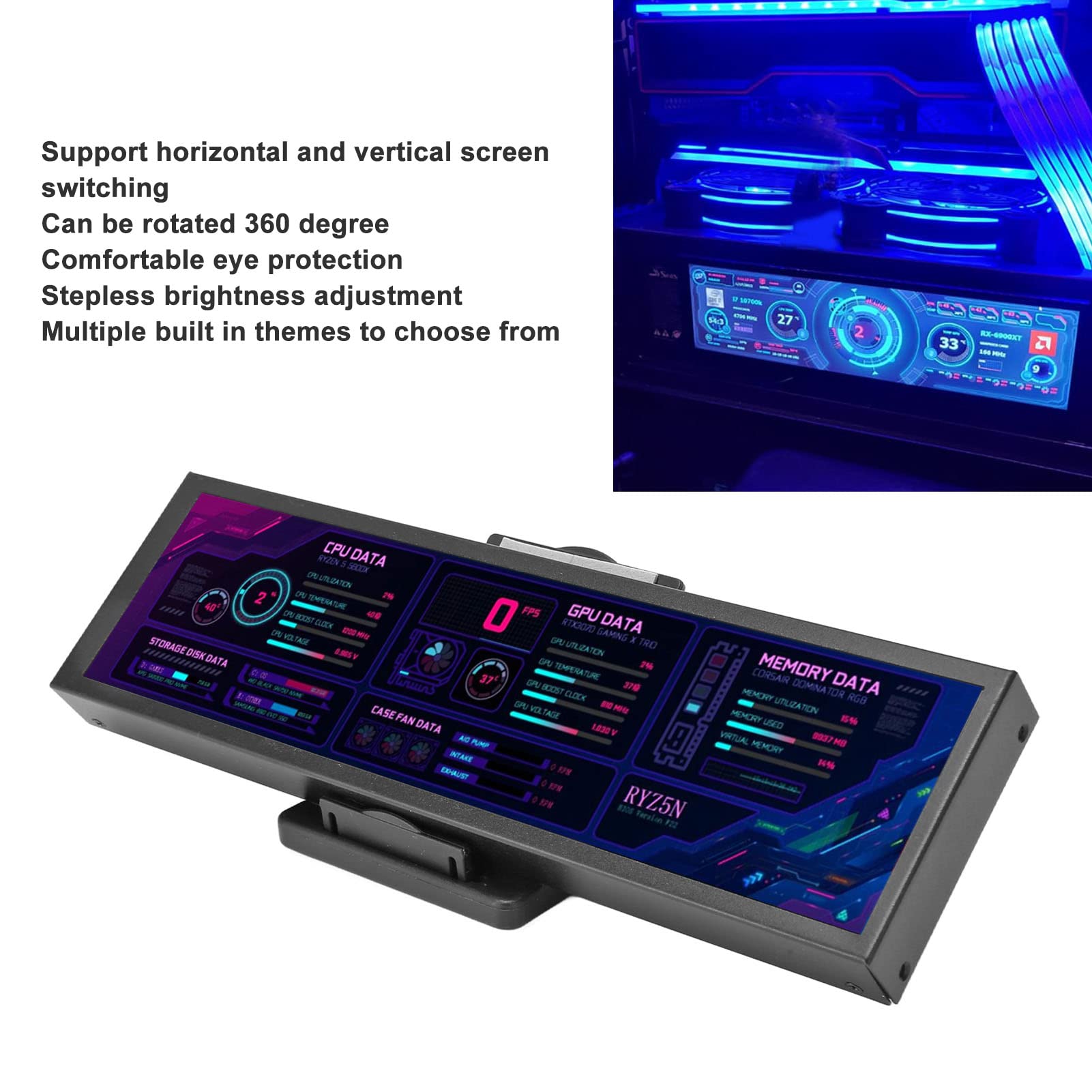 8.8 Inch USB C Mini PC Temperature Monitor - AIDA64 CPU GPU SSD Data Display Sensor Panel for Desktop Gaming Computers | Real-Time Performance Tracking for Gamers & Streamers (Black)