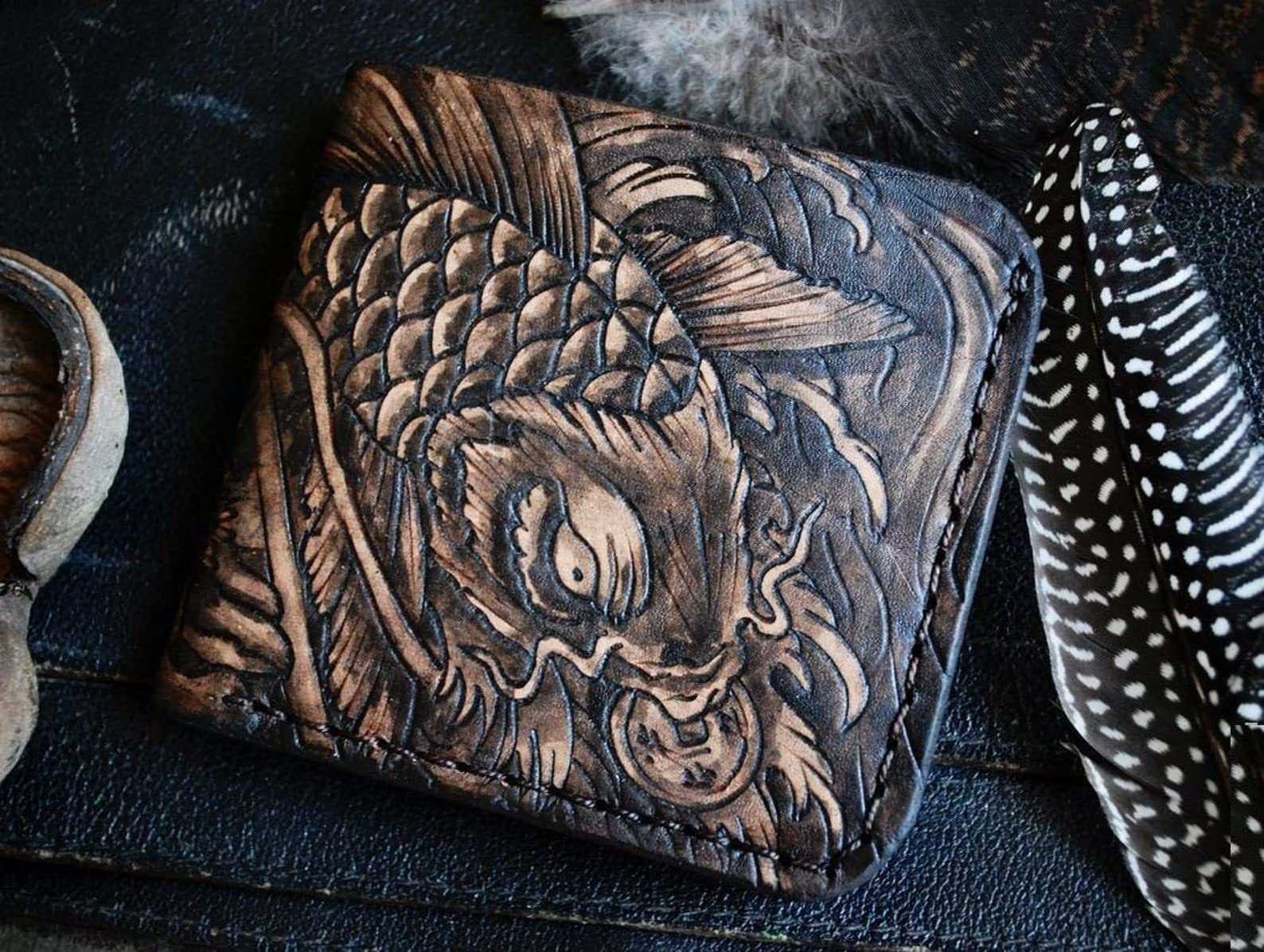Handmade 3D Genuine Leather Men's Bifold Wallet - Custom Carved & Tooled with Japanese Hokusai Prosperity Carp Design - Perfect for Gifts, Business & Everyday Use