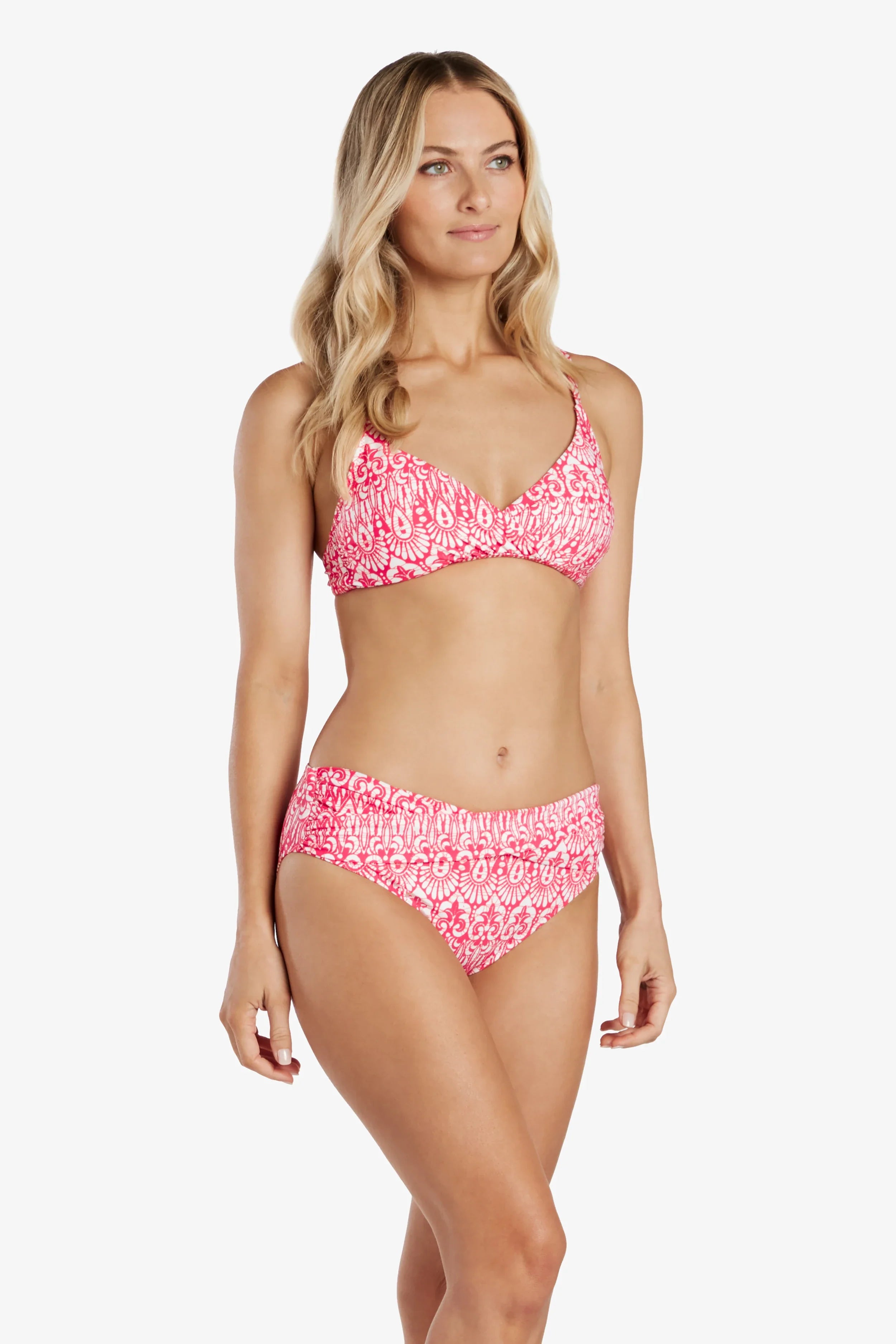 Island Batik Pink Shirred Crossover Bra - Comfortable Wireless Support for Yoga, Lounge & Everyday Wear