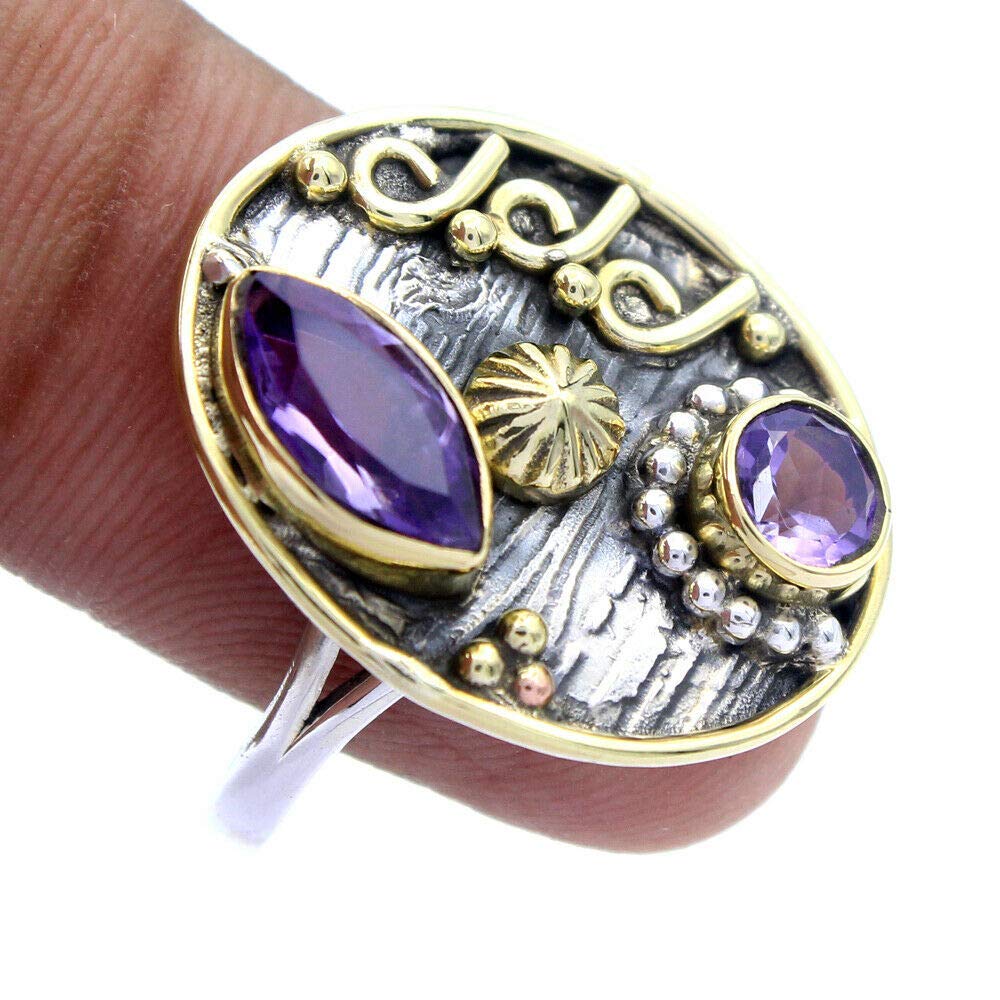 Amethyst 925 Sterling Silver Rings for Women | Purple Gemstone Bridesmaid Jewelry | Round & Marquise Cut Vintage Rings | Bezel Set Handmade Wedding Rings | Perfect for Bridal Party, Anniversary Gifts & Special Occasions