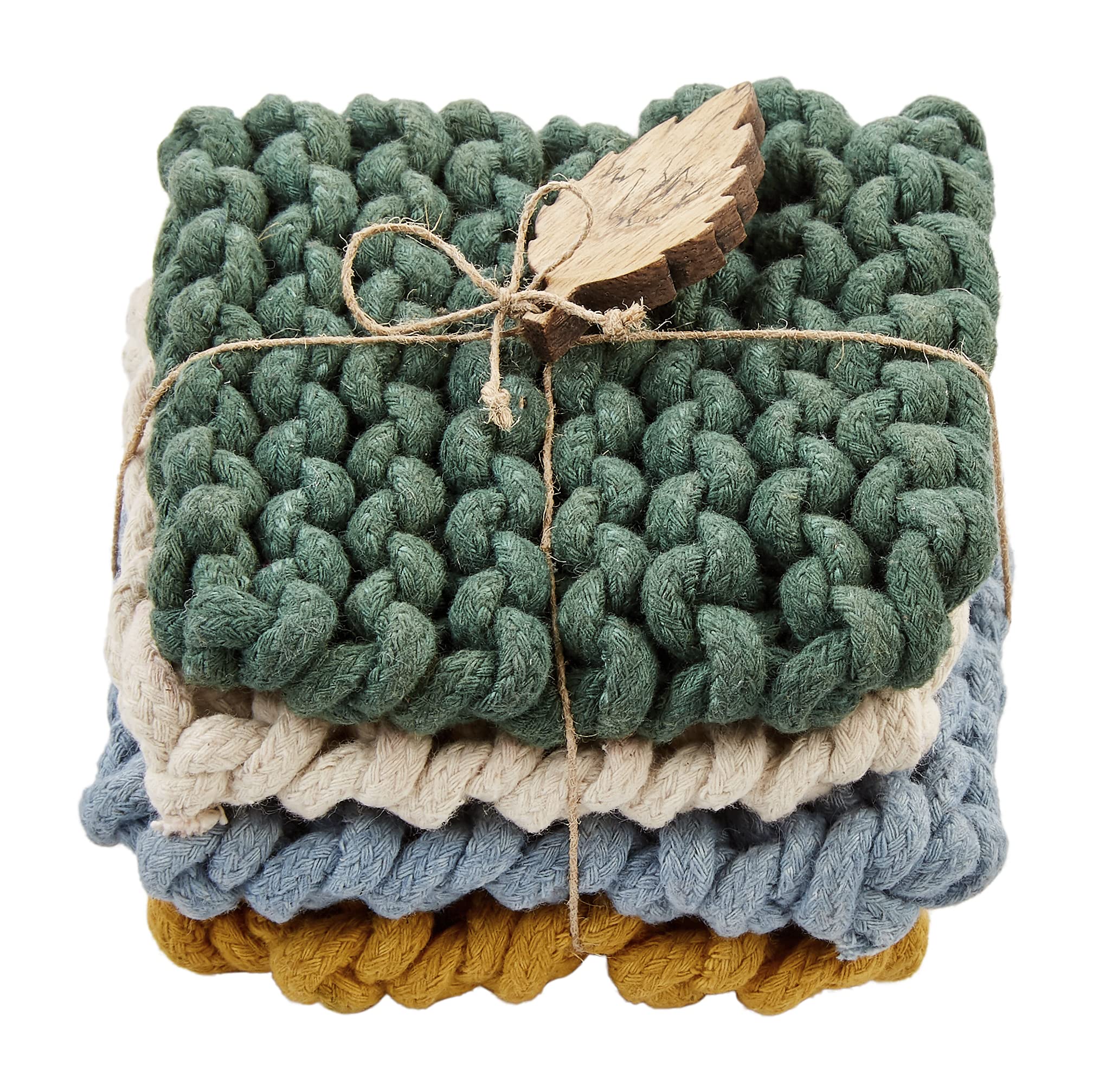 Mud Pie Crochet Coaster Set - Dark Green 4x4 Inch Absorbent Handmade Coasters for Coffee, Tea & Dining Table Decor - Set of 4 Rustic Home Accessories