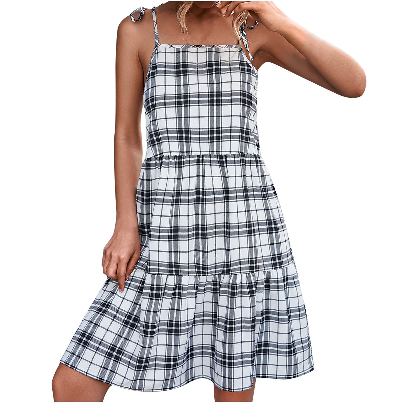 Women's Casual Plaid Mini Dress - Sleeveless Strappy A-Line Flare Summer Dress in Gingham Print | Perfect for Beach Outings, Picnics & Summer Parties