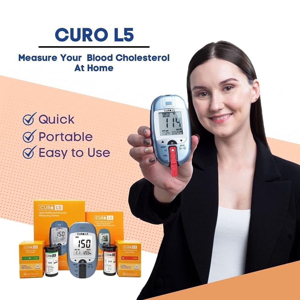 Home Blood Cholesterol Test Kit - Total Cholesterol & Triglycerides with CURO L5 Digital Meter | 10 Test Strips Each | Easy to Use & Accurate Results | Perfect for Home Health Monitoring & Preventive Care