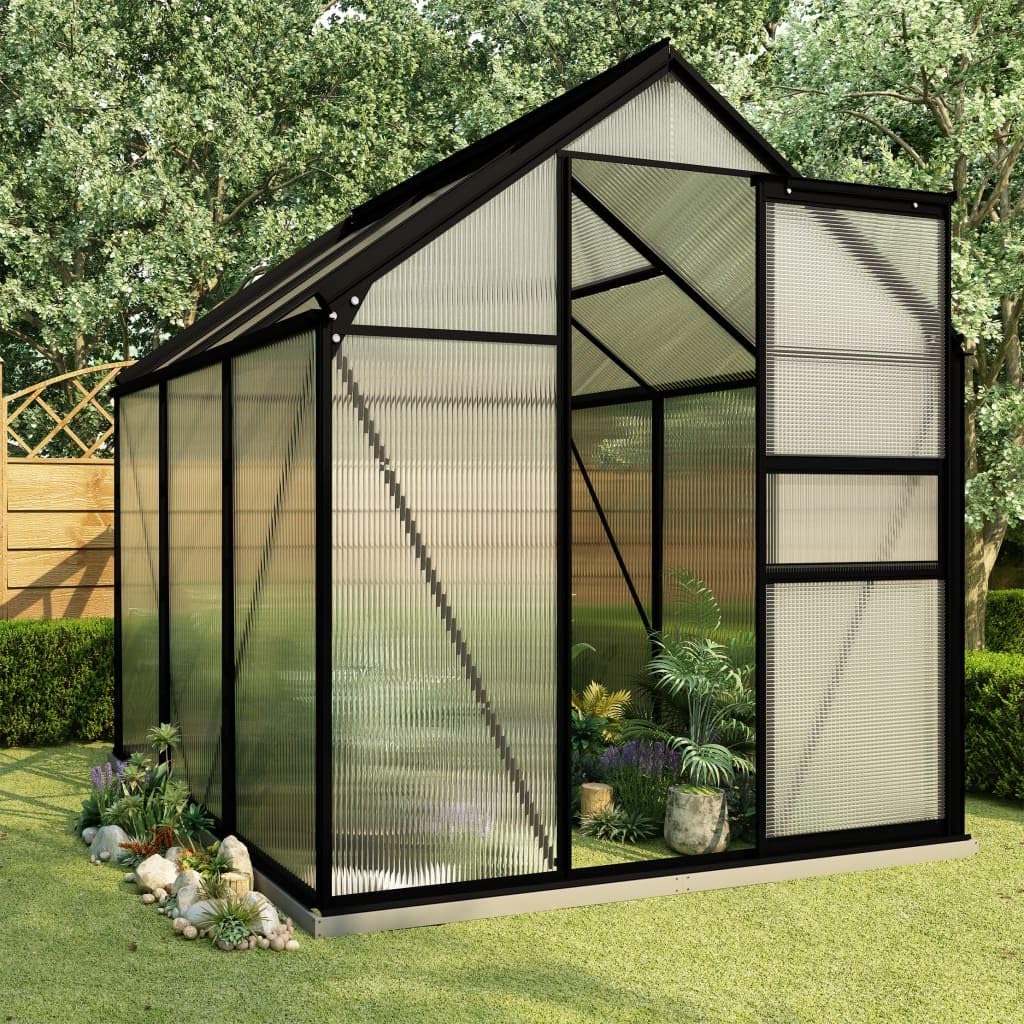 Premium vidaXL Greenhouse with Base Frame - Anthracite Aluminum, 212.9 ft³ Spacious Interior, Durable Polycarbonate Panels | UV Resistant & Thermal Insulated | Sturdy Aluminum Construction for Year-Round Gardening - Perfect for Growing Vegetables, Flowers & Herbs in All Seasons