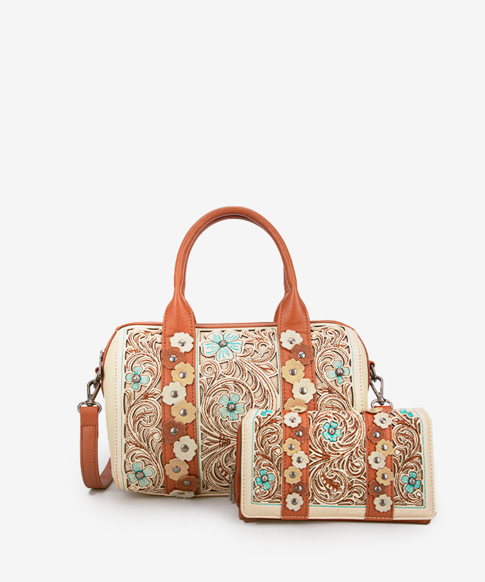 Montana West Embroidered Floral Cut Out Boston Bag Set - Stylish Leather Shoulder Purse for Women, Perfect for Work, Travel & Everyday Use