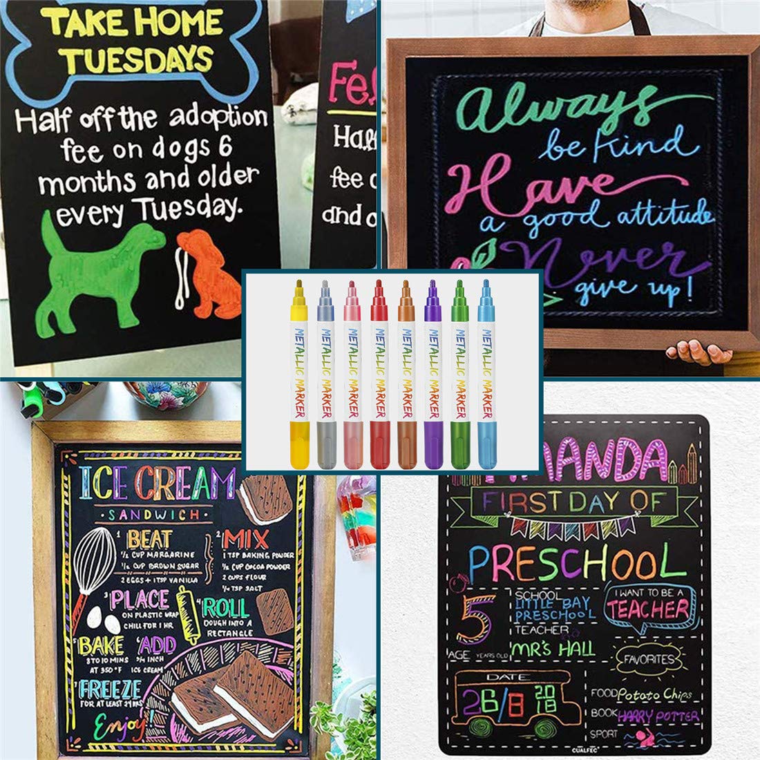 Metallic Liquid Chalk Markers - 8 Pack with 6mm Bold Tip, Erasable Chalk Pens for Blackboard, Bistro Menu & Window Writing - Perfect for Restaurants, Cafes, Classrooms & DIY Projects