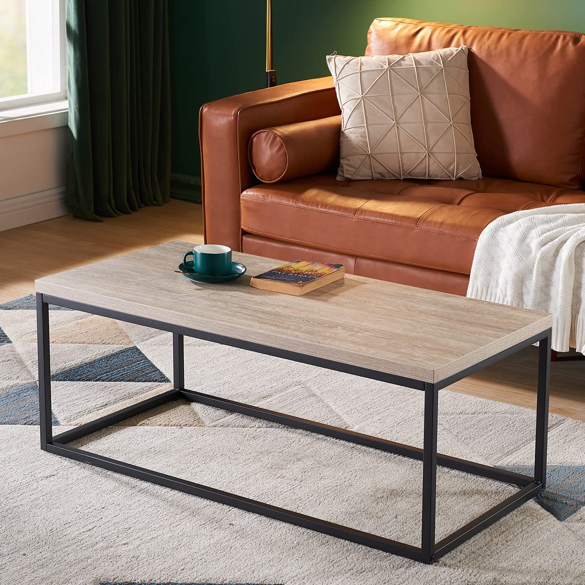 CENSI 40-Inch Grey Oak Rectangle Coffee Table Ottoman - Modern Industrial Style Wood & Metal Living Room Furniture (French Oak) - Perfect for Small Spaces, Apartments & Lounge Areas