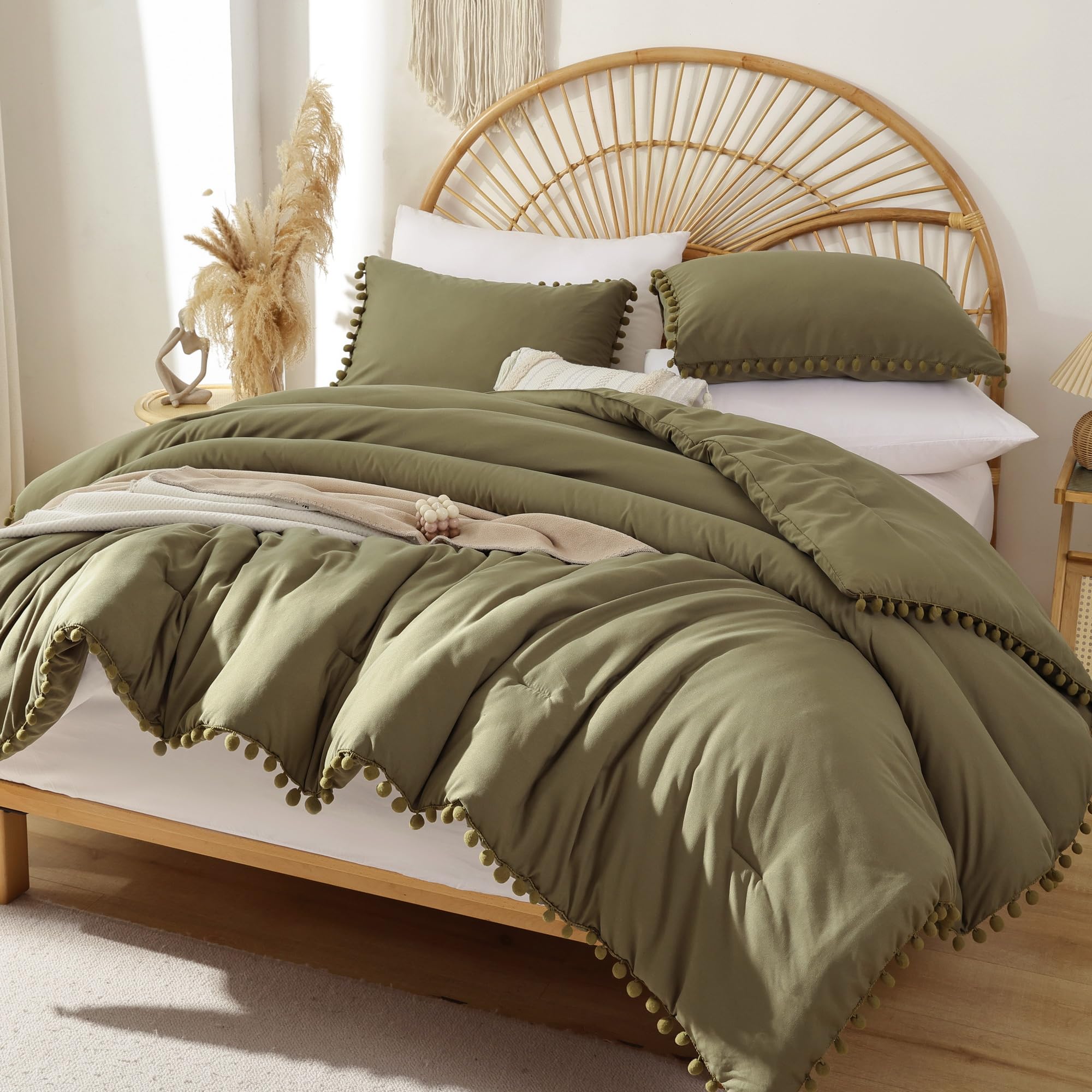 Queen Comforter Set with Pom Fringe - 3pc Soft Bedding for All Seasons in Olive Green | Cozy Home Decor
