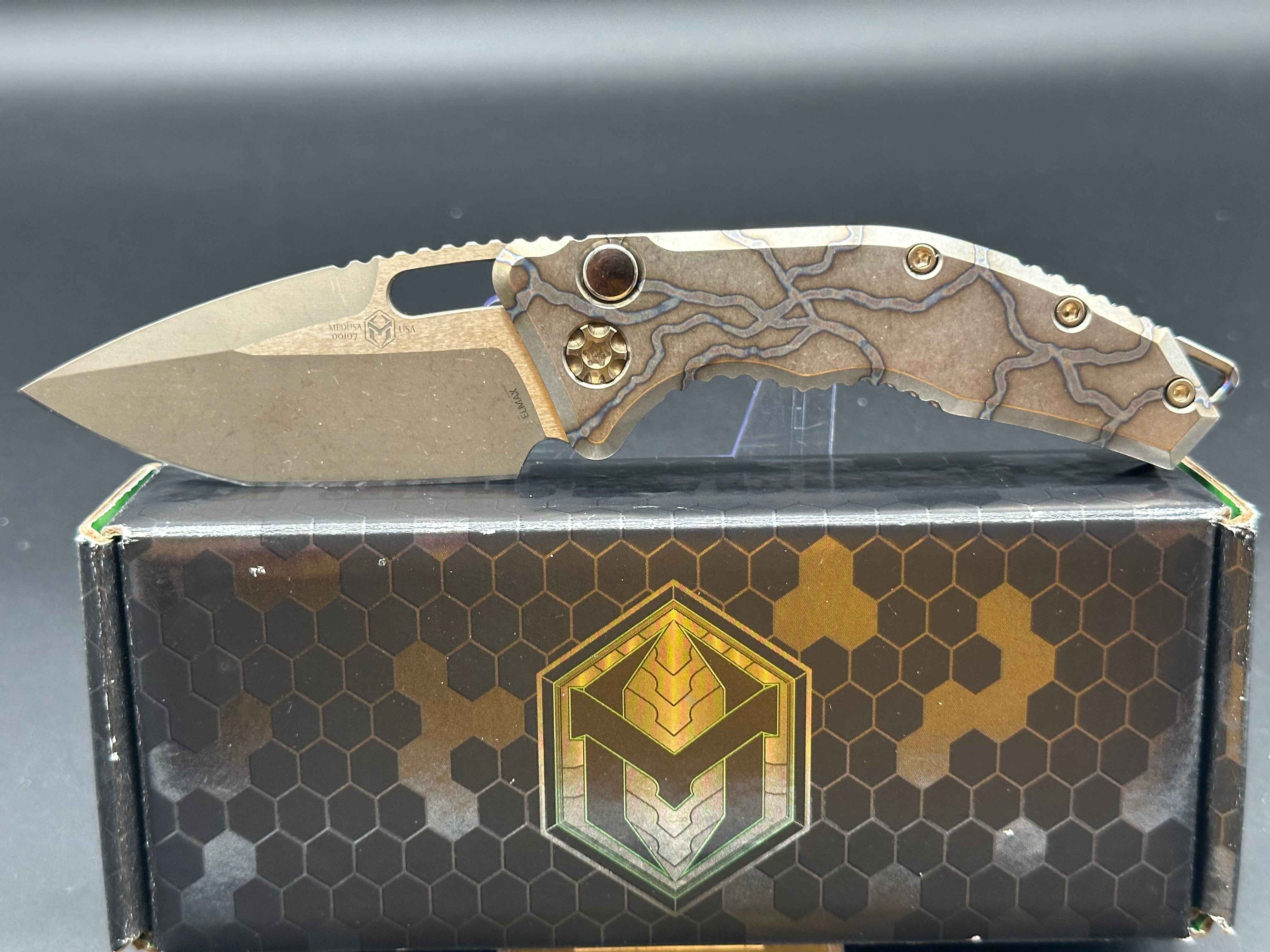 Heretic Medusa Battleworn Bronze Tanto Knife - Flamed Titanium Handle with 3 Bronze Accents | Tactical EDC, Outdoor Survival, and Collector's Item