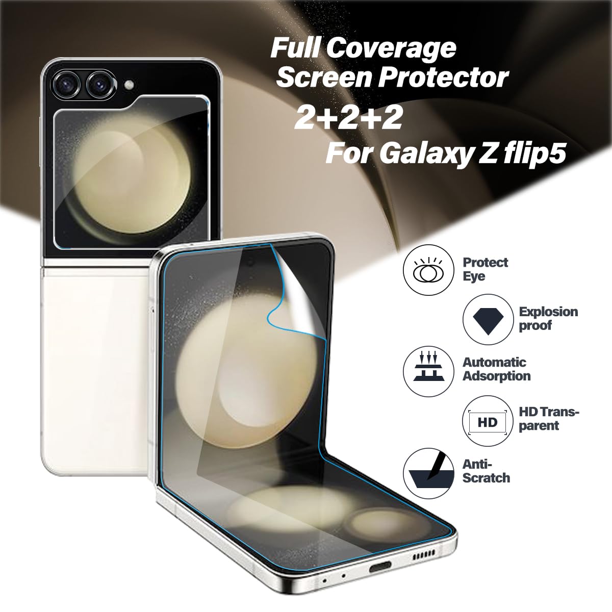 BIGFACE [6 in 1] Screen Protector Kit for Samsung Galaxy Z Flip 5 - 2 Pack Flexible Film Screen Protectors + 2 Pack Tempered Glass Back Protectors + 2 Pack Camera Lens Protectors - Perfect for Everyday Protection and Scratch Resistance