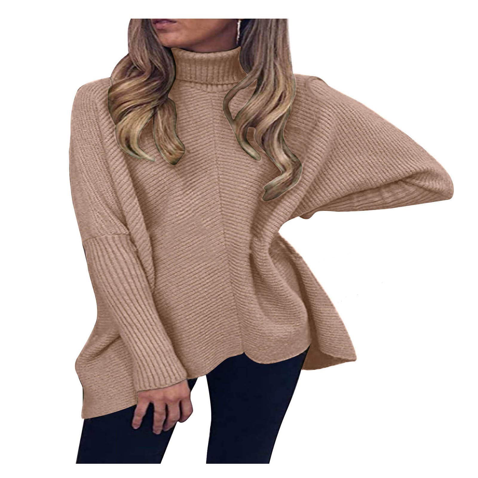Women's Turtleneck Long Sleeve Batwing Pullover Sweater - Asymmetric Hem Knit Top for Casual Wear | Office, Date Night & Fall Layering