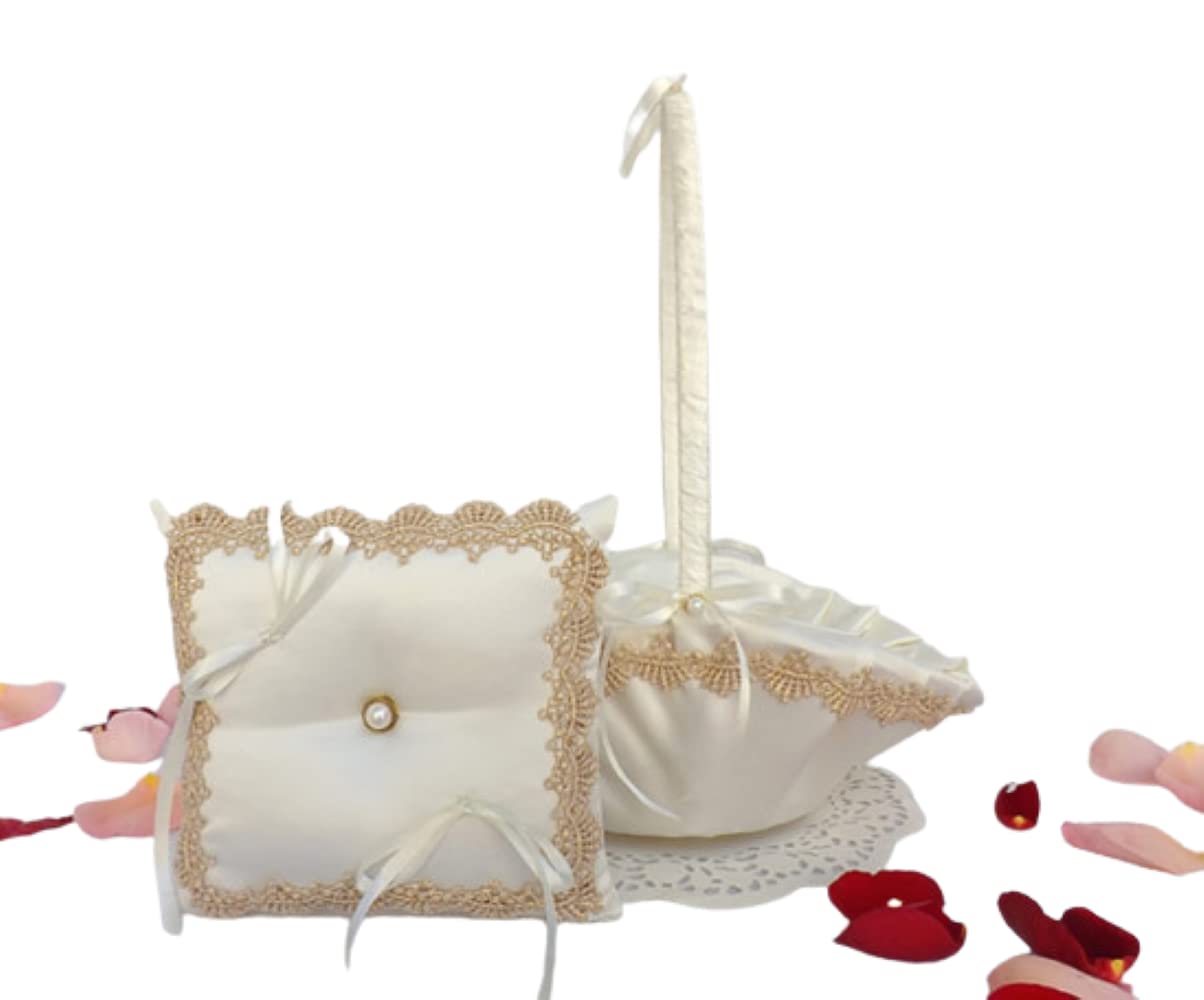 Ivory Wedding Ring Pillow and Flower Girl Basket Set - Elegant Gold Lace Decor for Wedding Ceremony, Bridal Shower & Vow Renewal - Perfect for Ring Exchange, Flower Petal Scattering & Photo Props