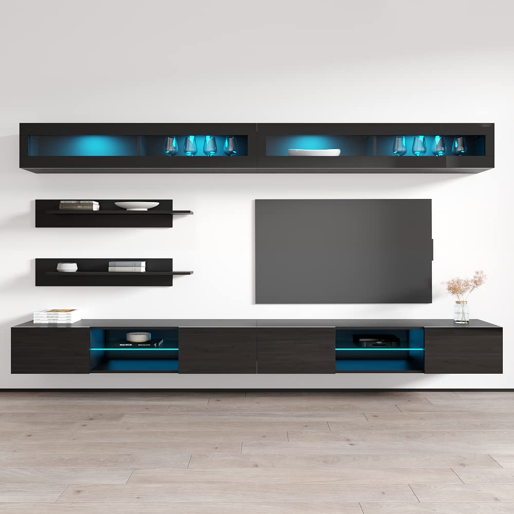 Modern Floating TV Stand with Storage & LED Lights - Wall-Mounted Entertainment Center for Living Room & Bedroom - Space-Saving TV Console with Shelves - Perfect for Small Apartments & Home Theater Setup (Black)