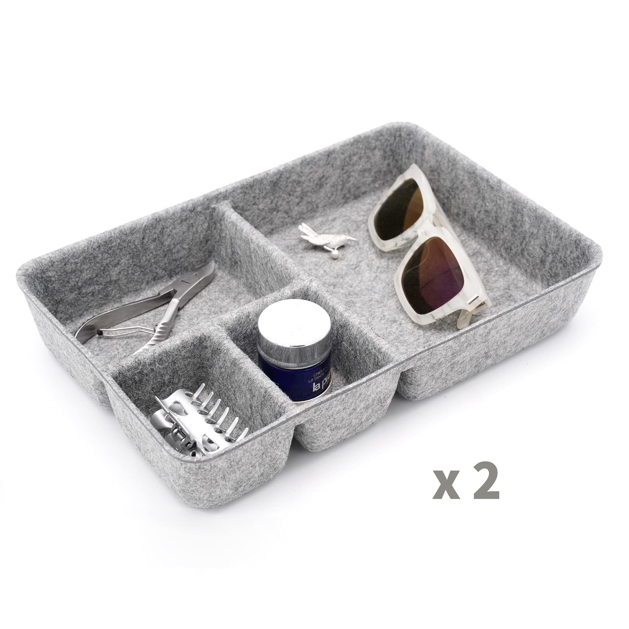 Welaxy 4-Compartment Junk Drawer Organizer Bin - Multi-Purpose Felt Storage Tray with Dividers for Office, Kitchen & Bathroom Organization (Set of 2, Gray) - Perfect for Utensils, Makeup, Office Supplies & Small Items