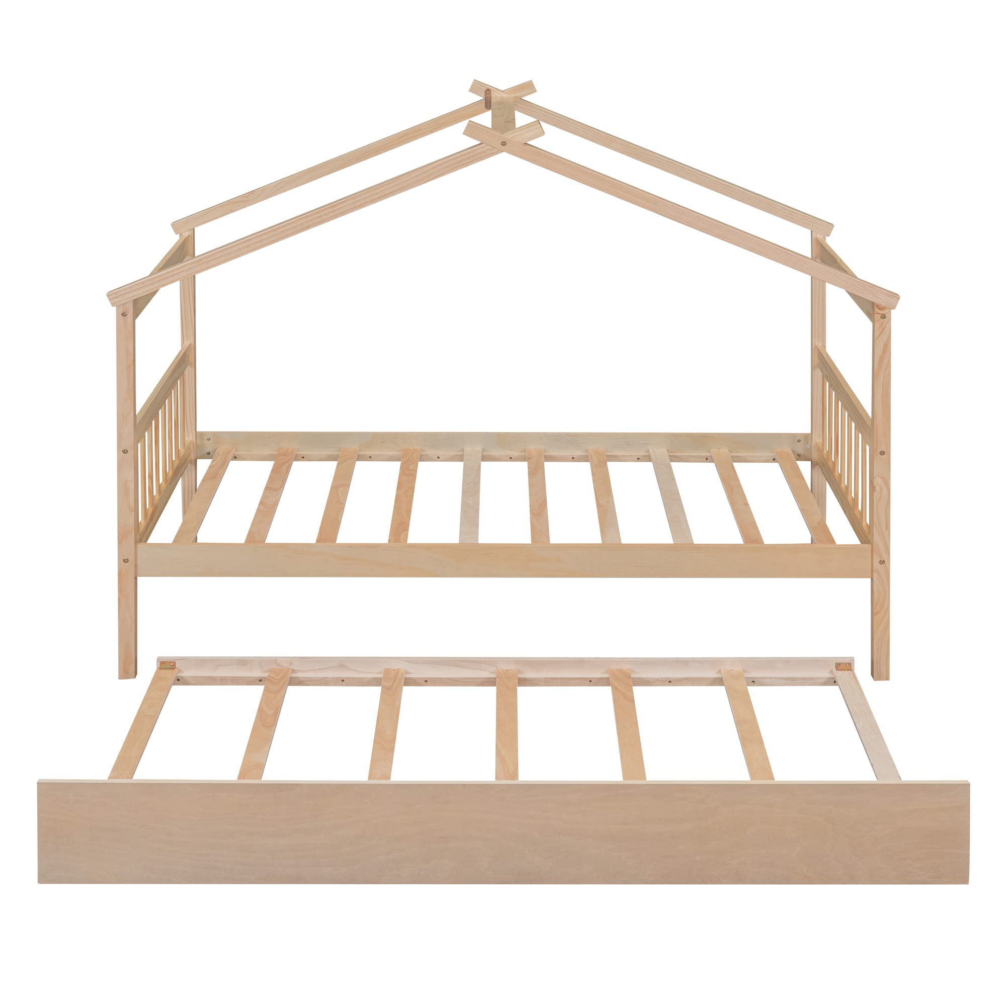 Montessori Twin House Bed with Trundle - Natural Wood Playhouse Tent Bed Frame for Kids, Girls & Boys - Perfect for Bedrooms, Playrooms & Montessori Learning Environments