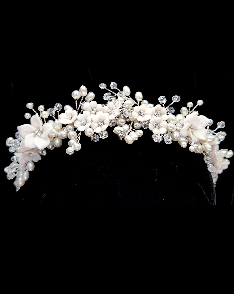 Elegant Porcelain Floral Pearl Headband for Weddings & Bridal | Nadia by Johnny B Collection at Kezani | Perfect for Bridal Showers, Ceremonies & Special Occasions