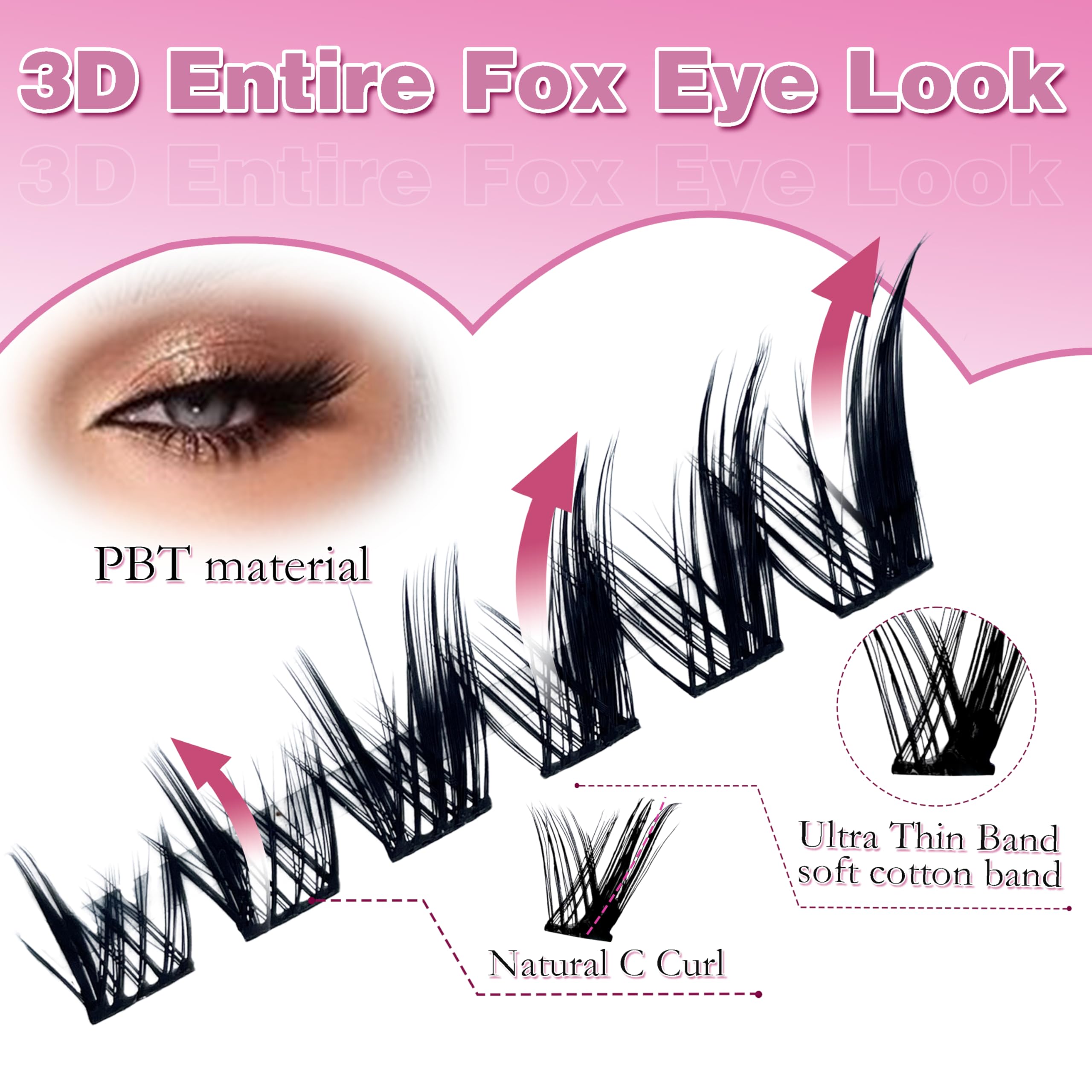 Fluffy Fox Eye Lashes - 158 PCS C Curl False Eyelashes Clusters with Bottom Lashes for Cat Eye & Manga Look | DIY Individual Eyelash Extensions Kit for Home Use | Perfect for Parties, Weddings & Special Occasions
