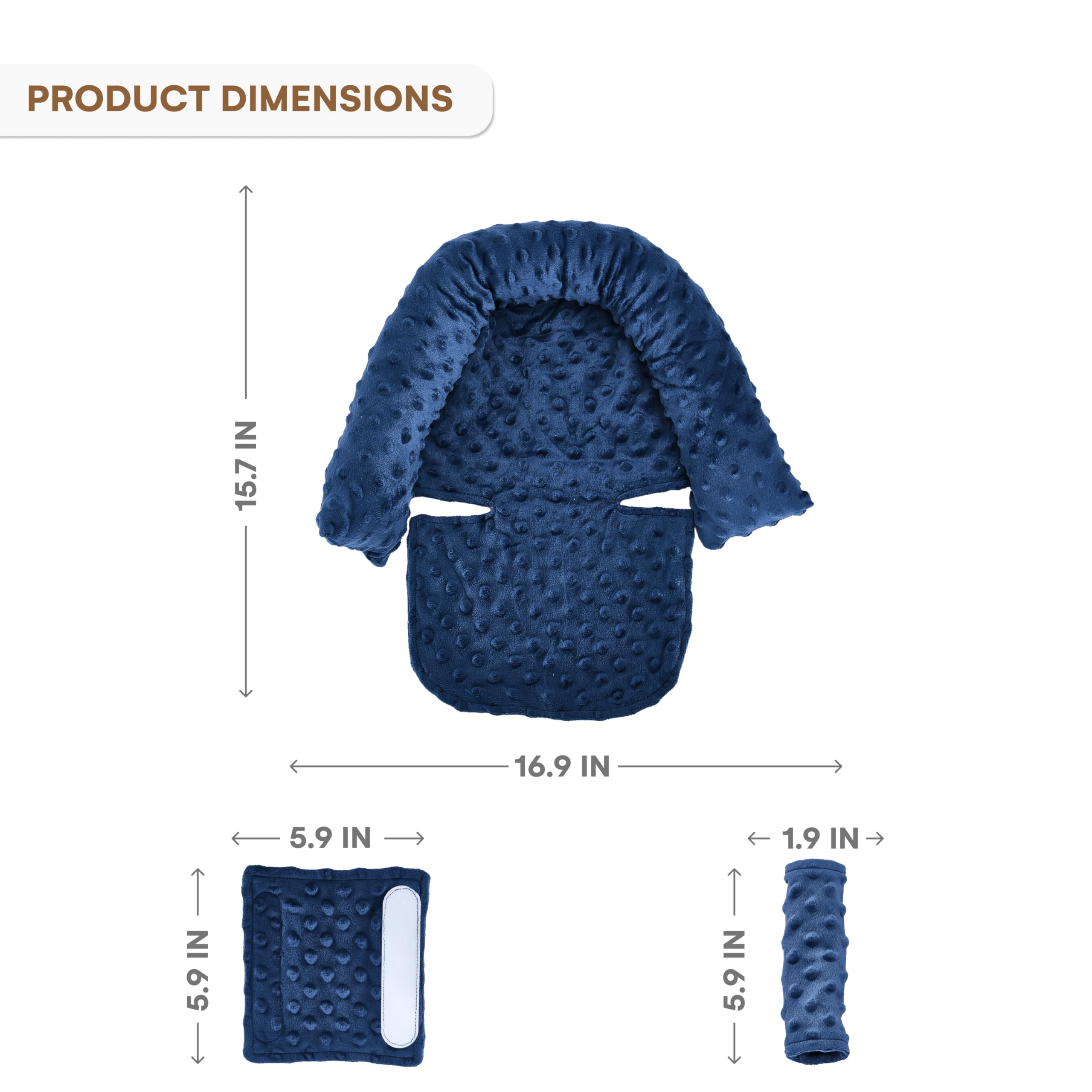 Baby Car Seat Head Support Strap - Minky Dotted Fabric Car Padding - Adjustable Body Support Strap - Dark Blue - Ideal for Car Seats, Strollers, Trampolines, and High Chairs