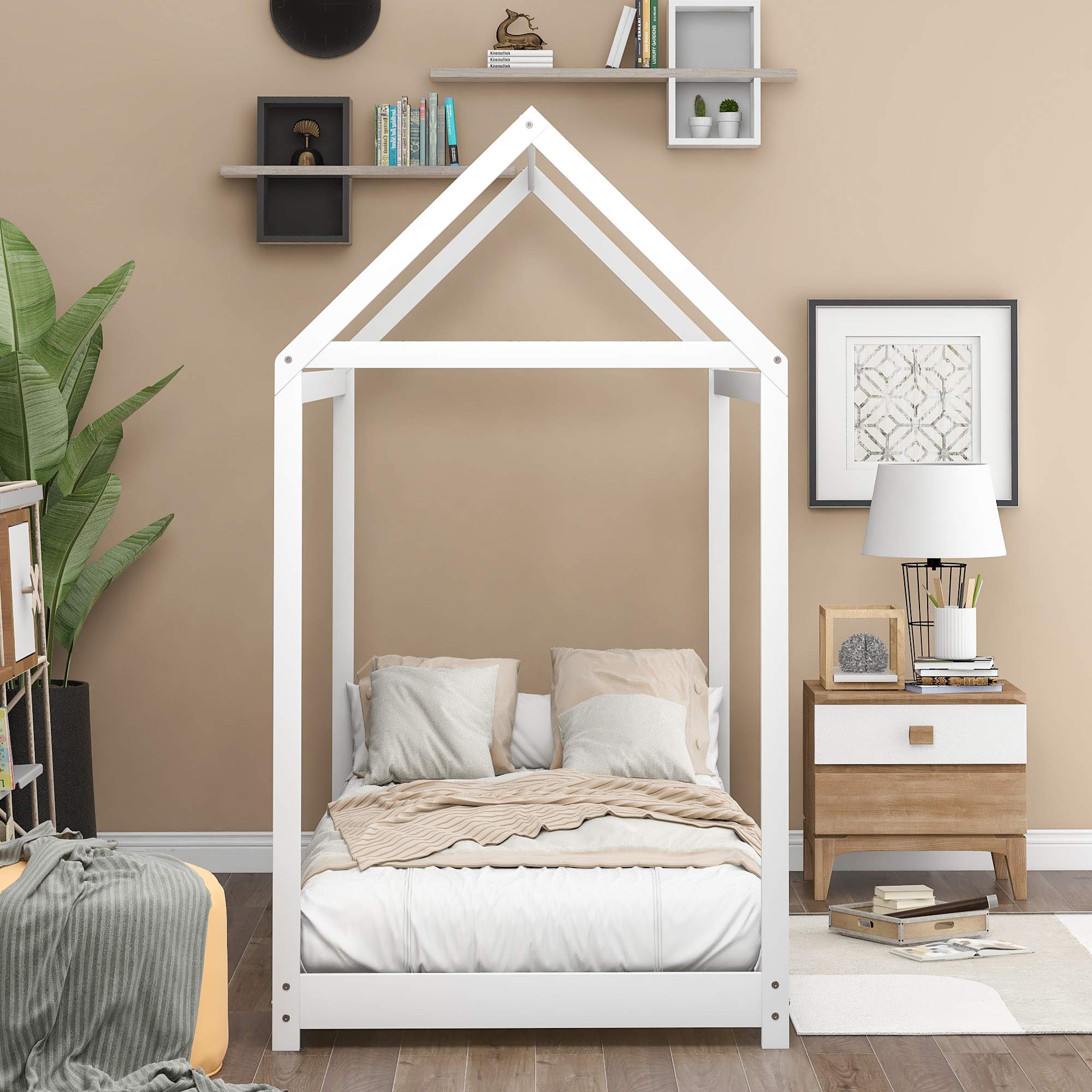 SOFTSEA Twin Floor Bed for Kids - Playhouse Tent Bed with Roof, Gray Twin House Style - Perfect for Bedroom Play, Sleepovers & Imaginative Playtime