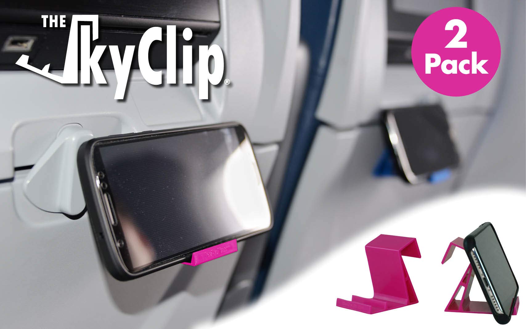 SkyClip Airplane Phone Holder - Inflight Seat Back Tray Table Clip & Durable Phone Stand for iPhone, Android, Tablets & E-readers | Travel Essential (Pink, 2 Pack) | Perfect for Watching Movies, Reading & Working During Flights